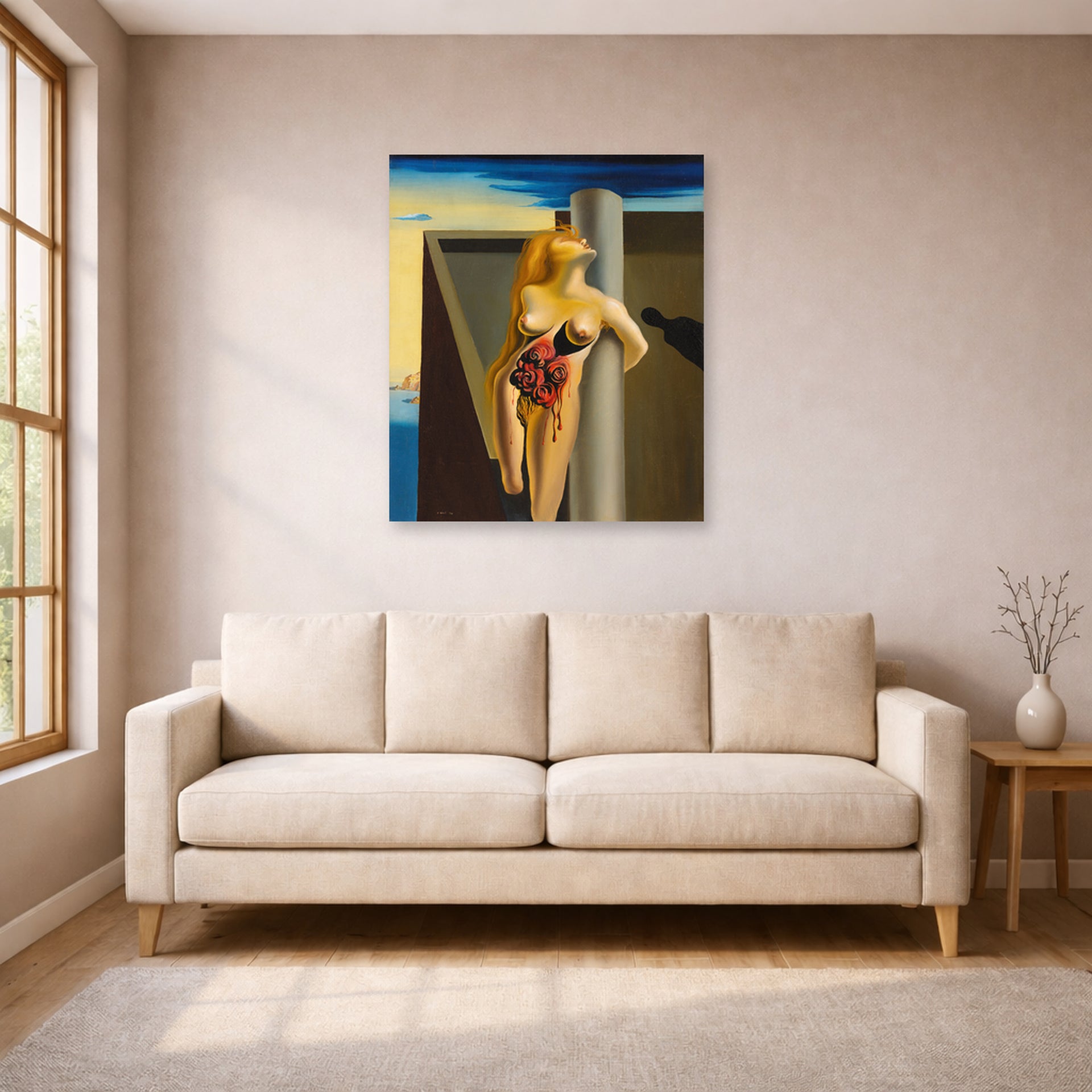 Unframed poster print of Salvador Dali's Las Rosas Sangrantes displayed on a wall in a living room