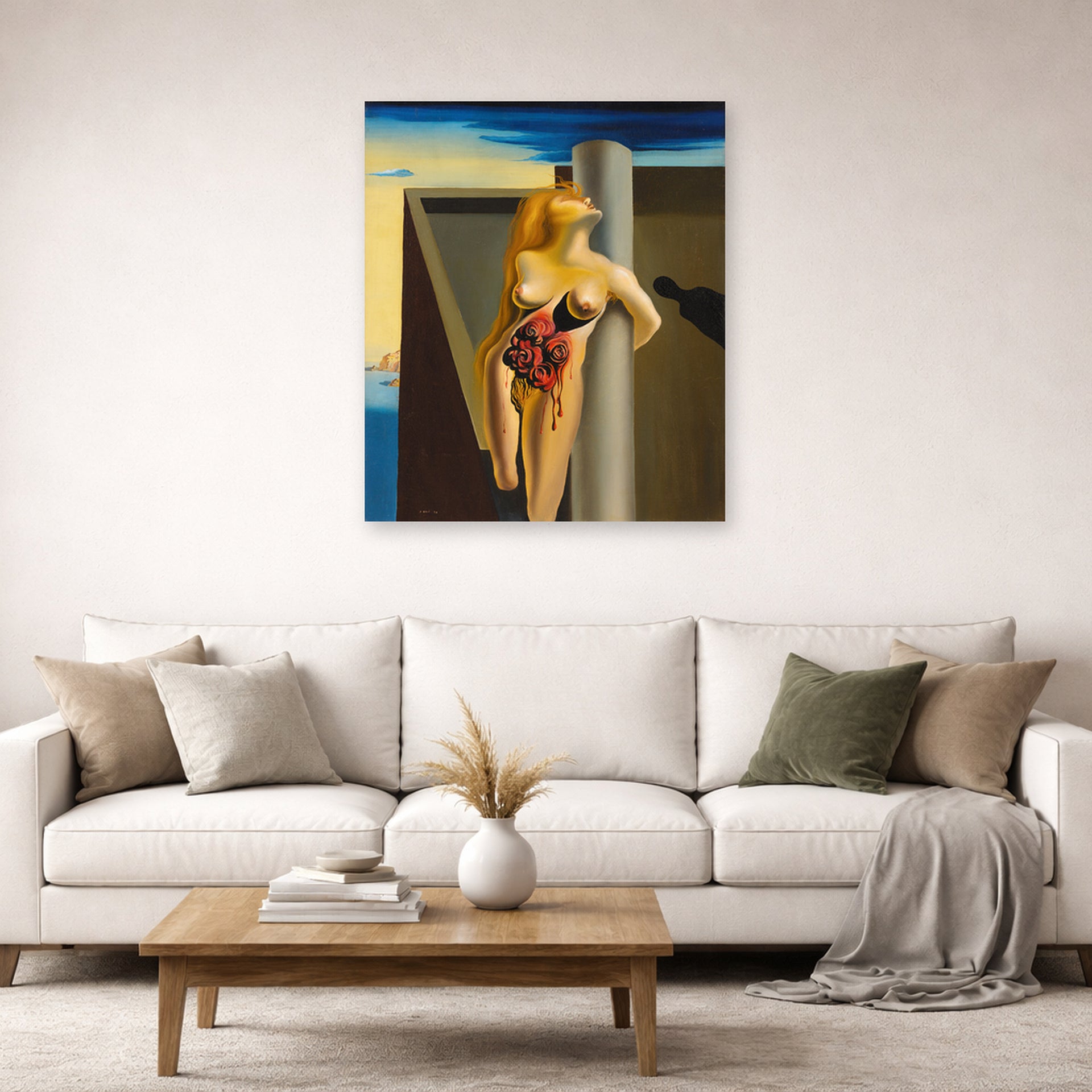 Unframed poster print of Salvador Dali's Las Rosas Sangrantes displayed on a wall in a living room