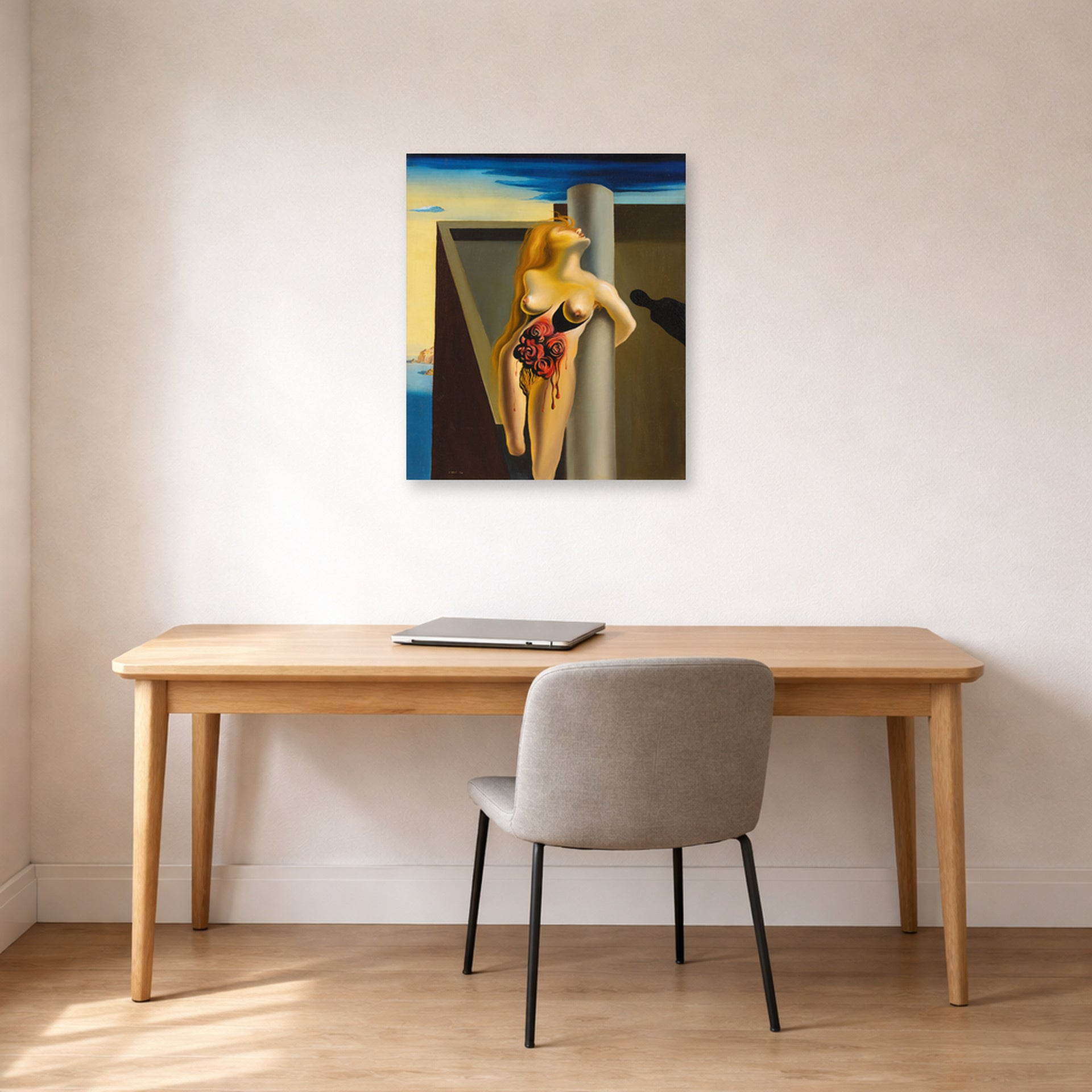 Unframed poster print of Salvador Dali's Las Rosas Sangrantes displayed on a wall in a office