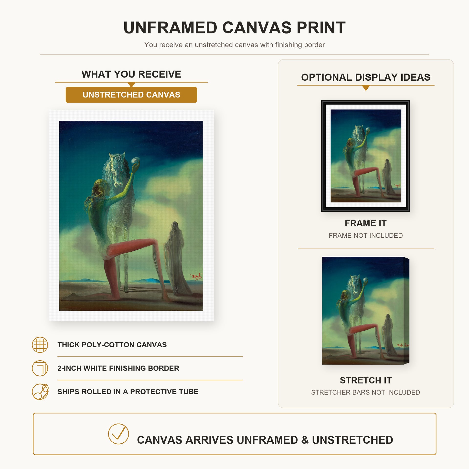 Salvador Dali - Le Chevalier De La Mort canvas print size comparison and framing display infographic