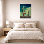 Gallery-wrapped canvas print of Salvador Dali's Le Chevalier De La Mort displayed on a wall in a bedroom