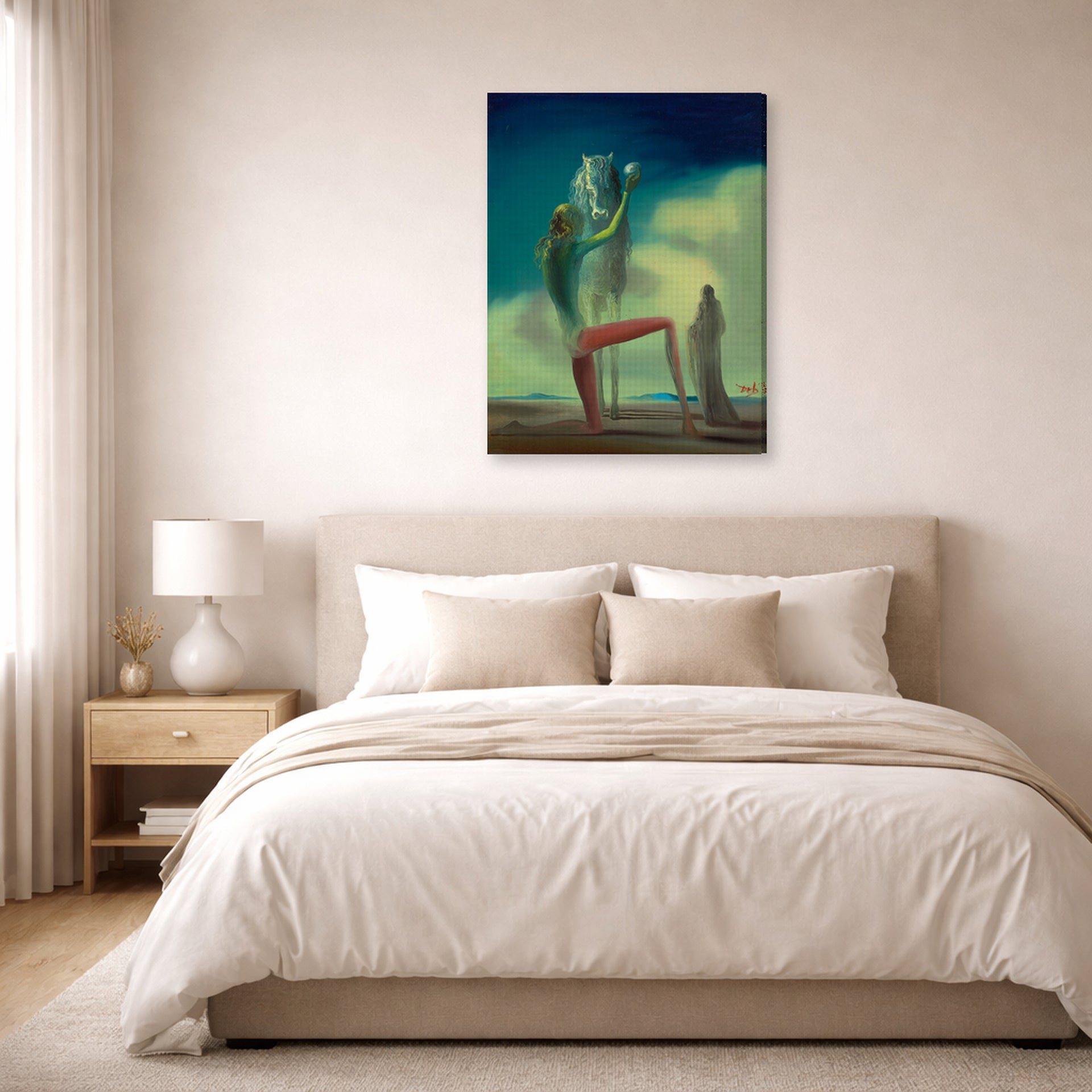 Gallery-wrapped canvas print of Salvador Dali's Le Chevalier De La Mort displayed on a wall in a bedroom
