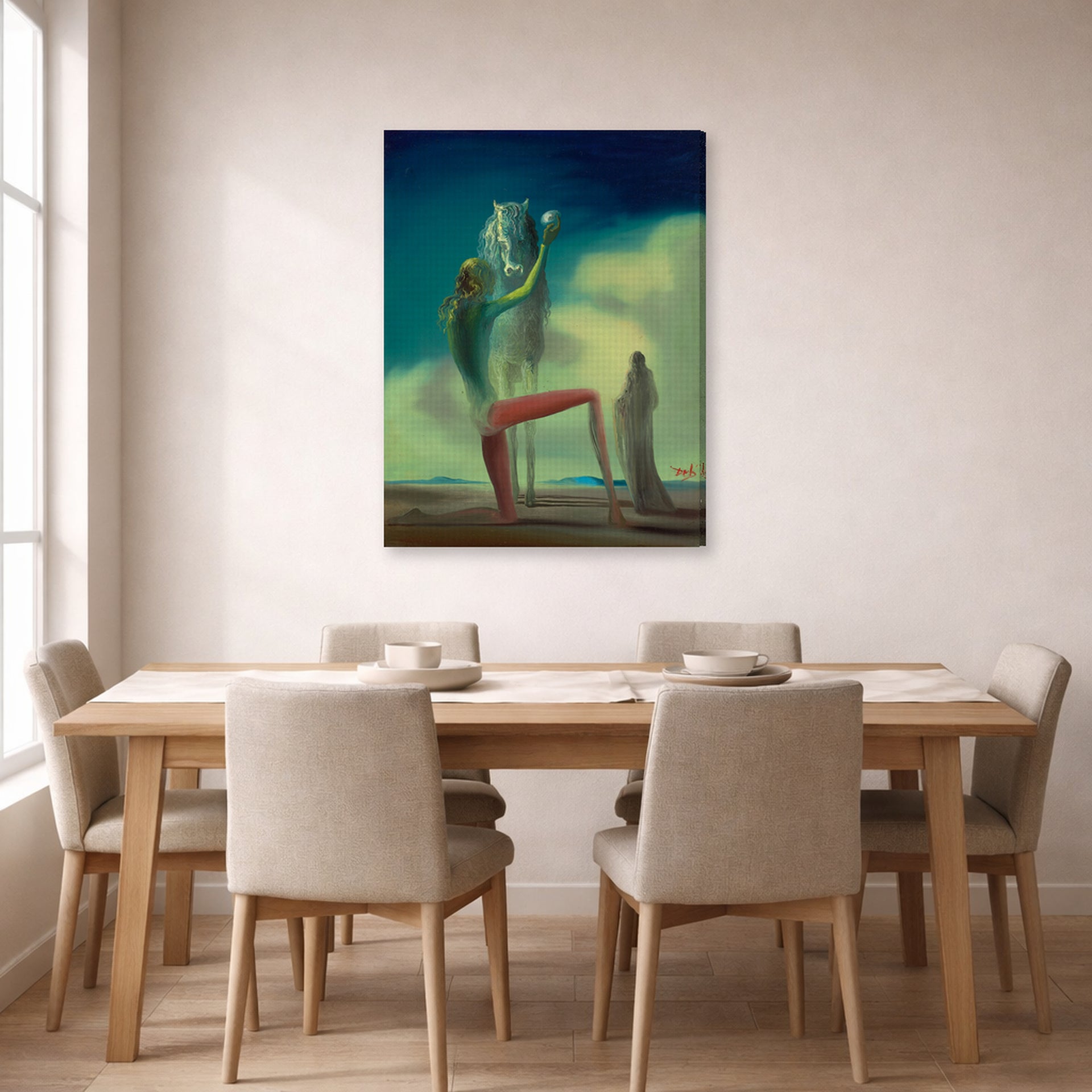 Gallery-wrapped canvas print of Salvador Dali's Le Chevalier De La Mort displayed on a wall in a dining room