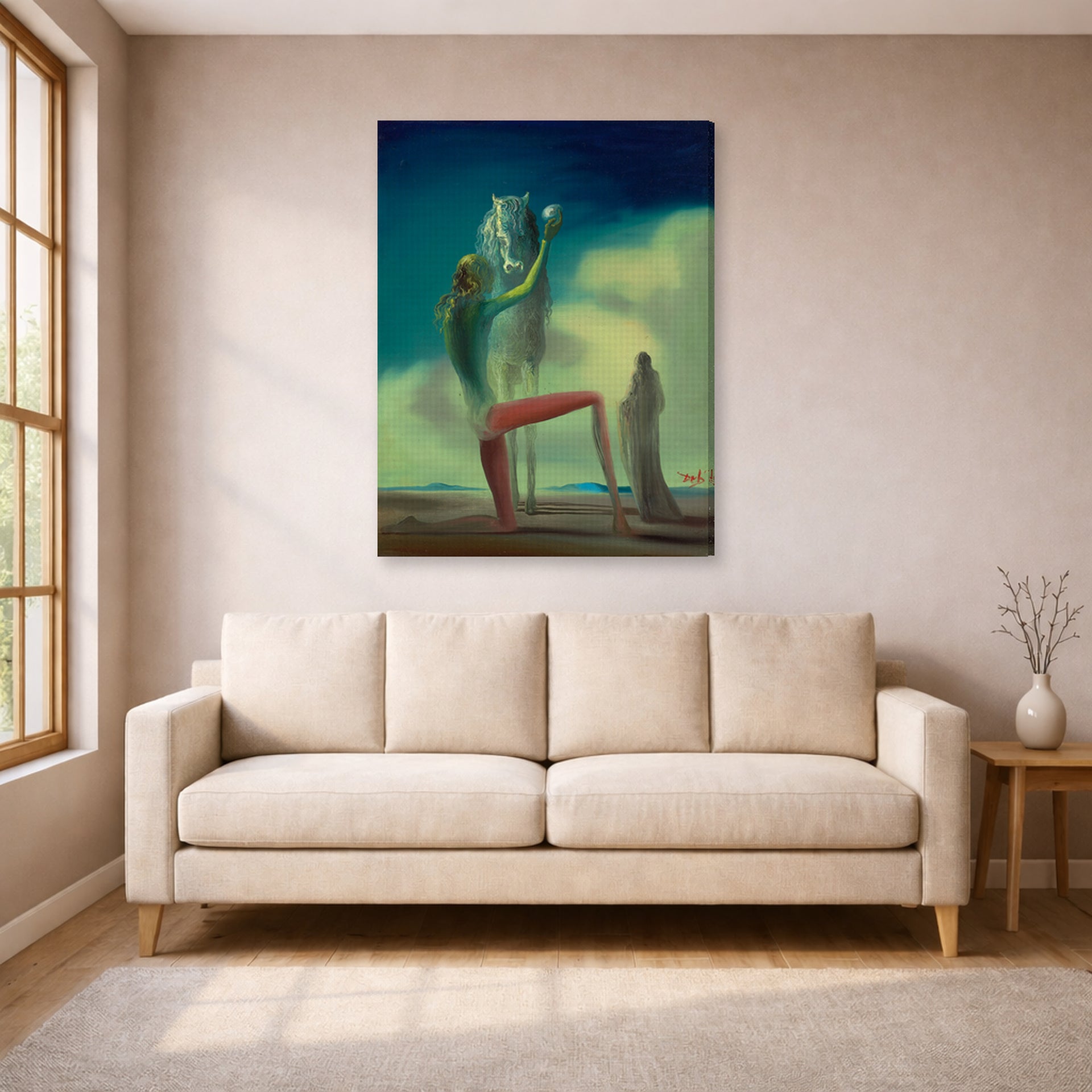 Gallery-wrapped canvas print of Salvador Dali's Le Chevalier De La Mort displayed on a wall in a living room