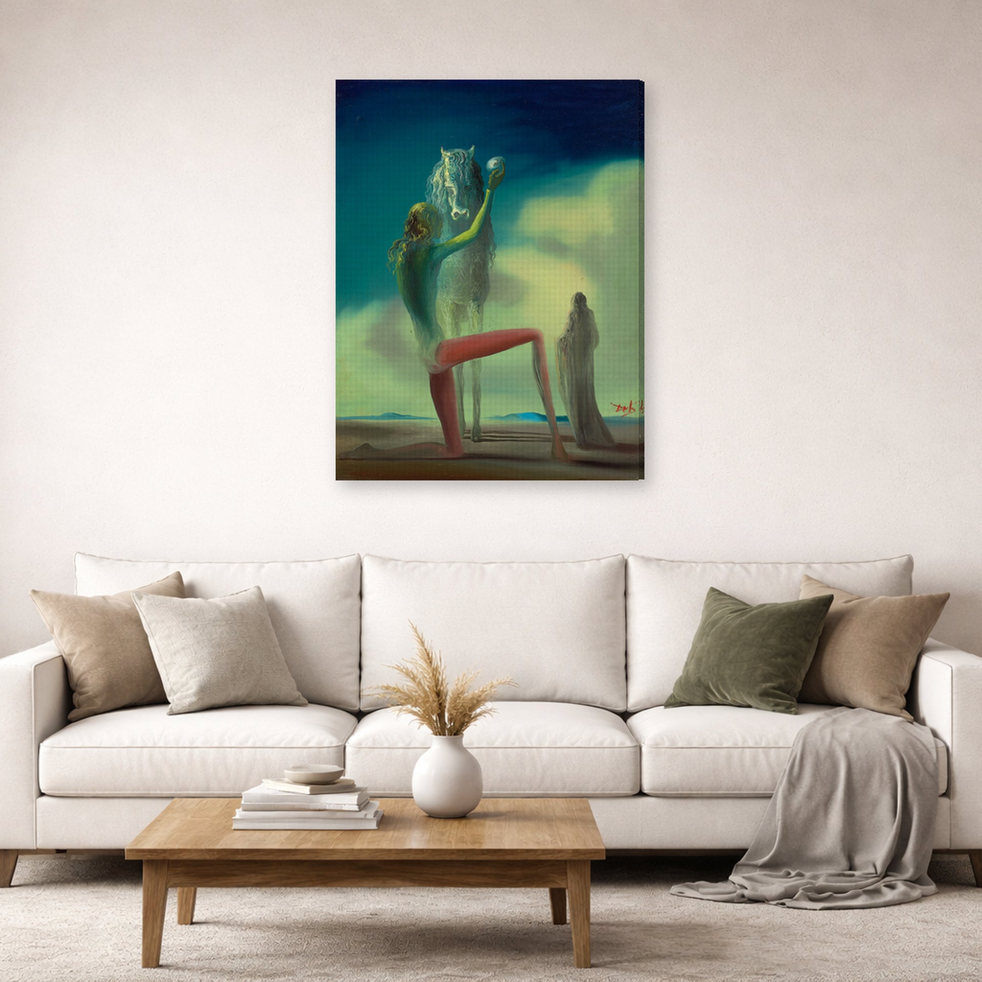Gallery-wrapped canvas print of Salvador Dali's Le Chevalier De La Mort displayed on a wall in a living room
