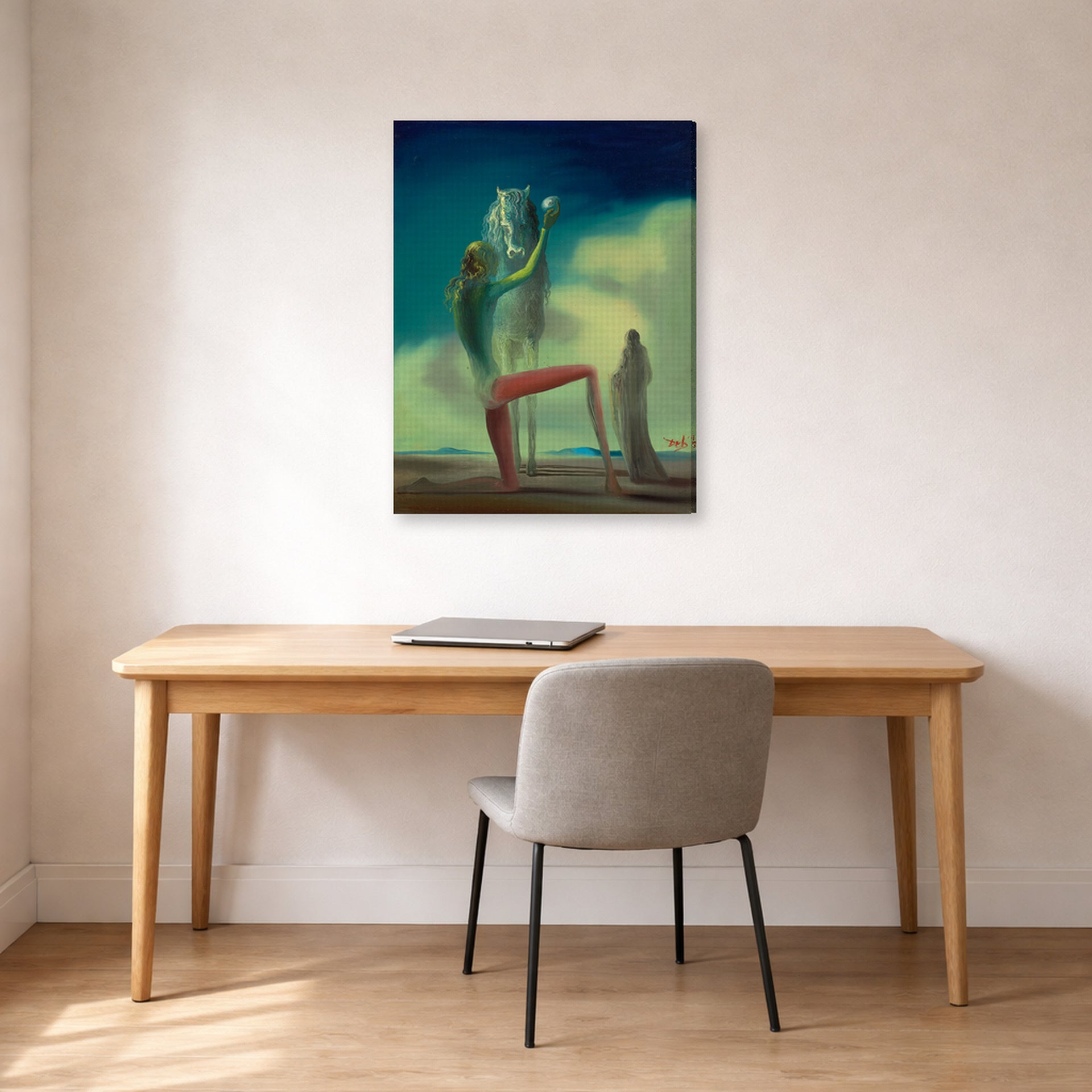 Gallery-wrapped canvas print of Salvador Dali's Le Chevalier De La Mort displayed on a wall in a office