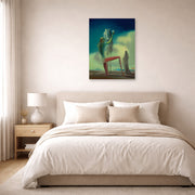 Unframed poster print of Salvador Dali's Le Chevalier De La Mort displayed on a wall in a bedroom