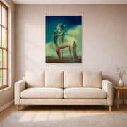 Unframed poster print of Salvador Dali's Le Chevalier De La Mort displayed on a wall in a living room