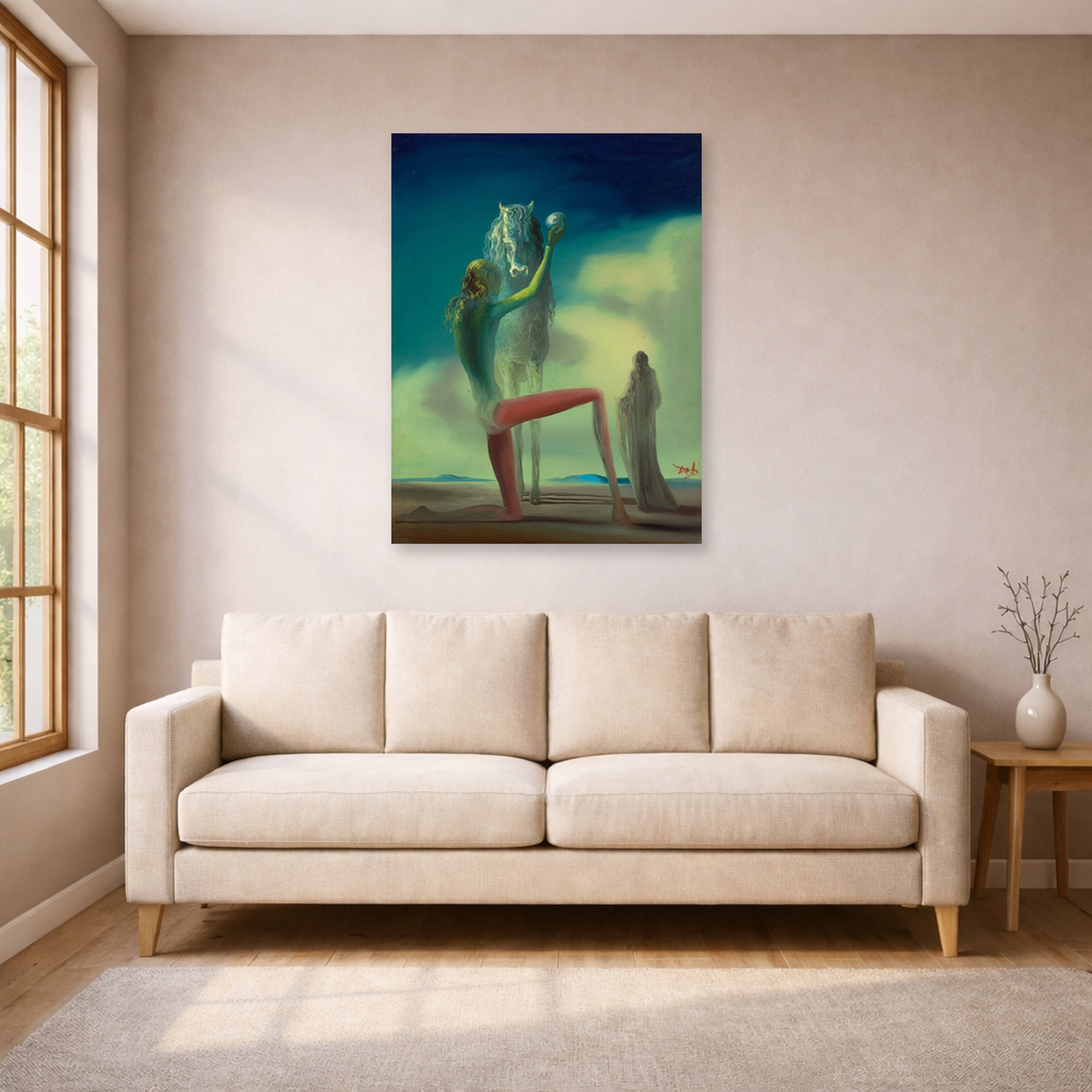 Unframed poster print of Salvador Dali's Le Chevalier De La Mort displayed on a wall in a living room