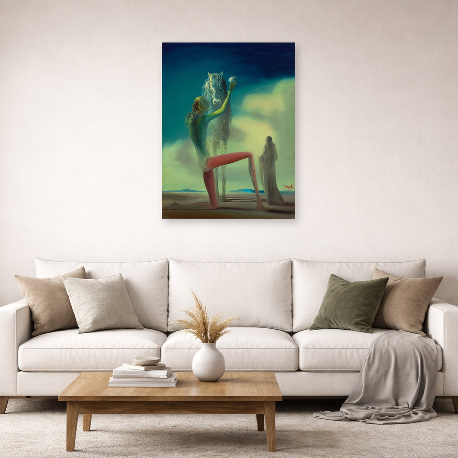 Unframed poster print of Salvador Dali's Le Chevalier De La Mort displayed on a wall in a living room