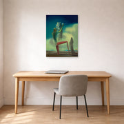 Unframed poster print of Salvador Dali's Le Chevalier De La Mort displayed on a wall in a office