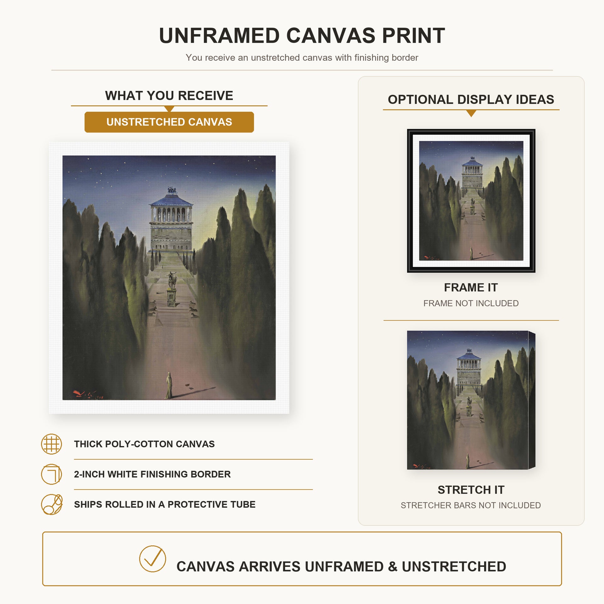Salvador Dali - Le Mausolee D'Halicarnasse canvas print size comparison and framing display infographic