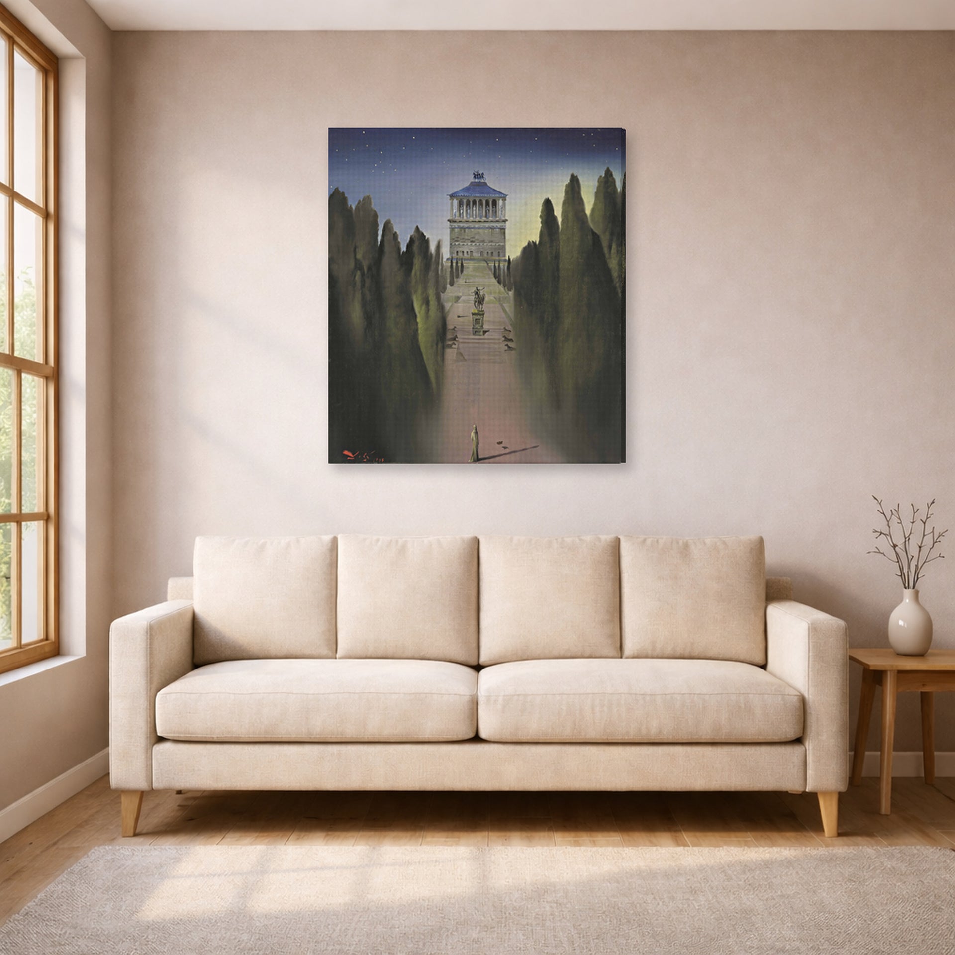 Gallery-wrapped canvas print of Salvador Dali's Le Mausolee D'Halicarnasse displayed on a wall in a living room
