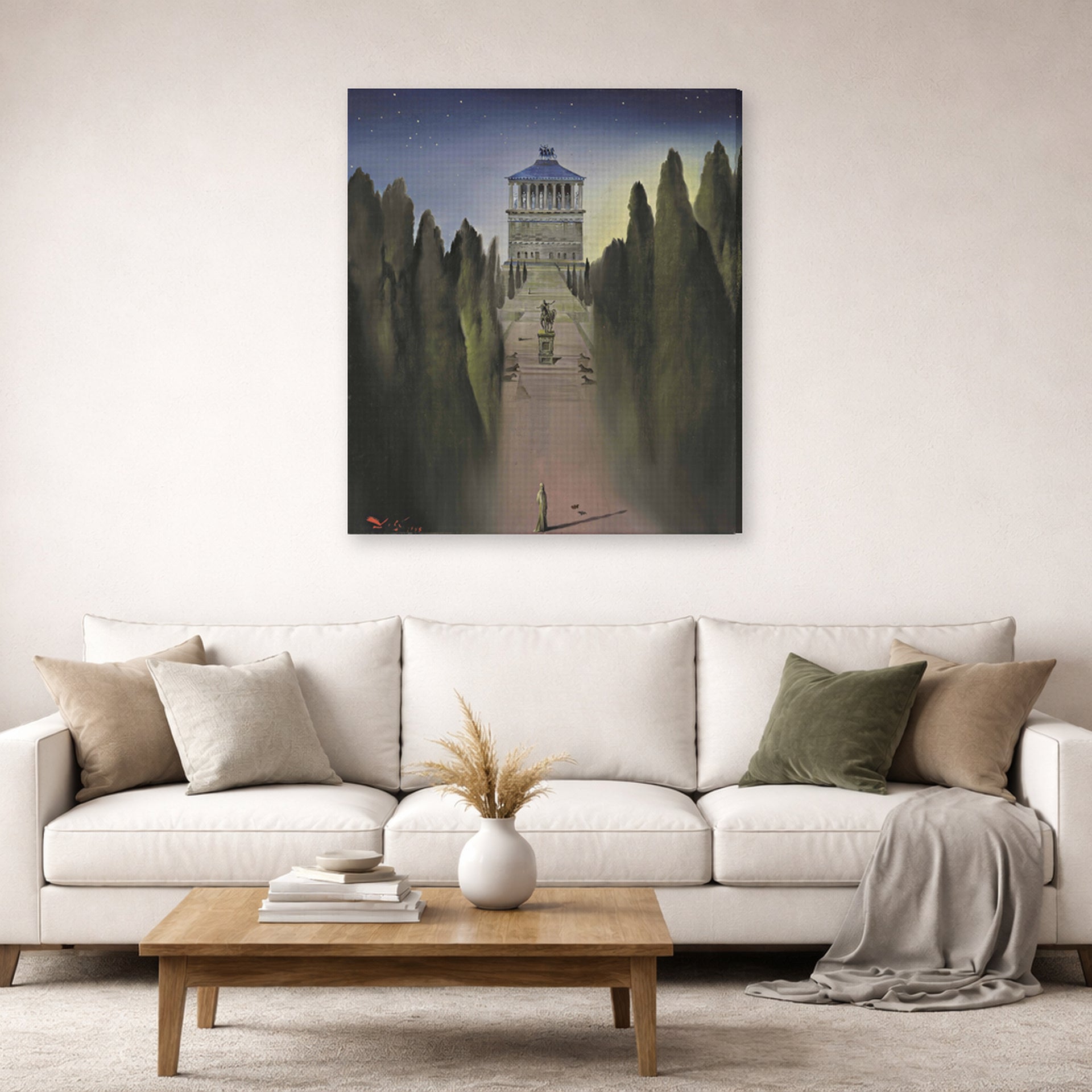 Gallery-wrapped canvas print of Salvador Dali's Le Mausolee D'Halicarnasse displayed on a wall in a living room