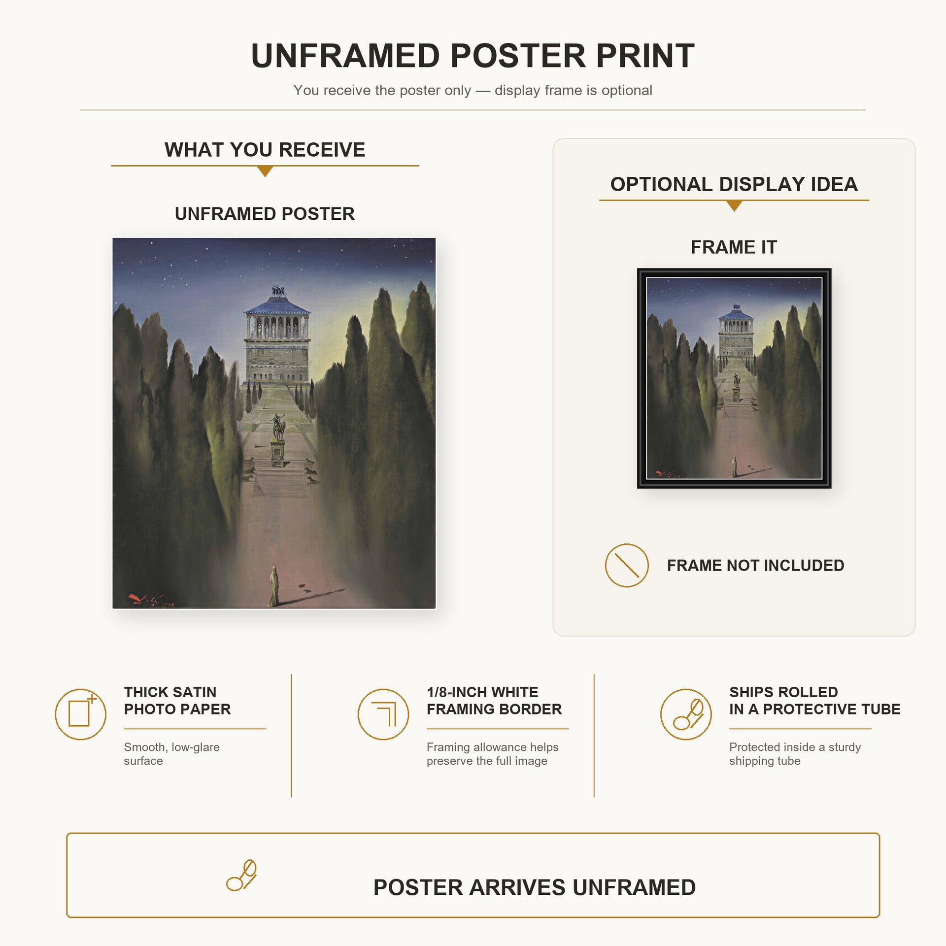 Salvador Dali - Le Mausolee D'Halicarnasse poster print size comparison and framing display infographic
