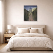 Unframed poster print of Salvador Dali's Le Mausolee D'Halicarnasse displayed on a wall in a bedroom