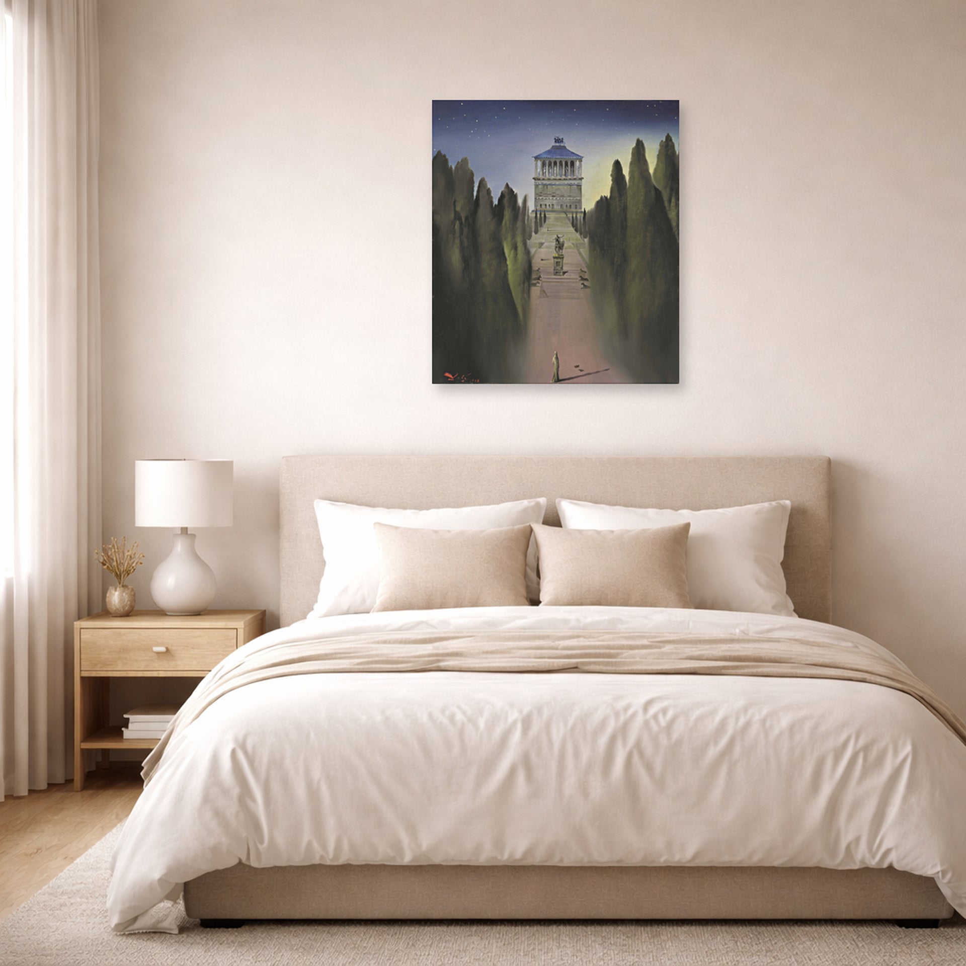 Unframed poster print of Salvador Dali's Le Mausolee D'Halicarnasse displayed on a wall in a bedroom