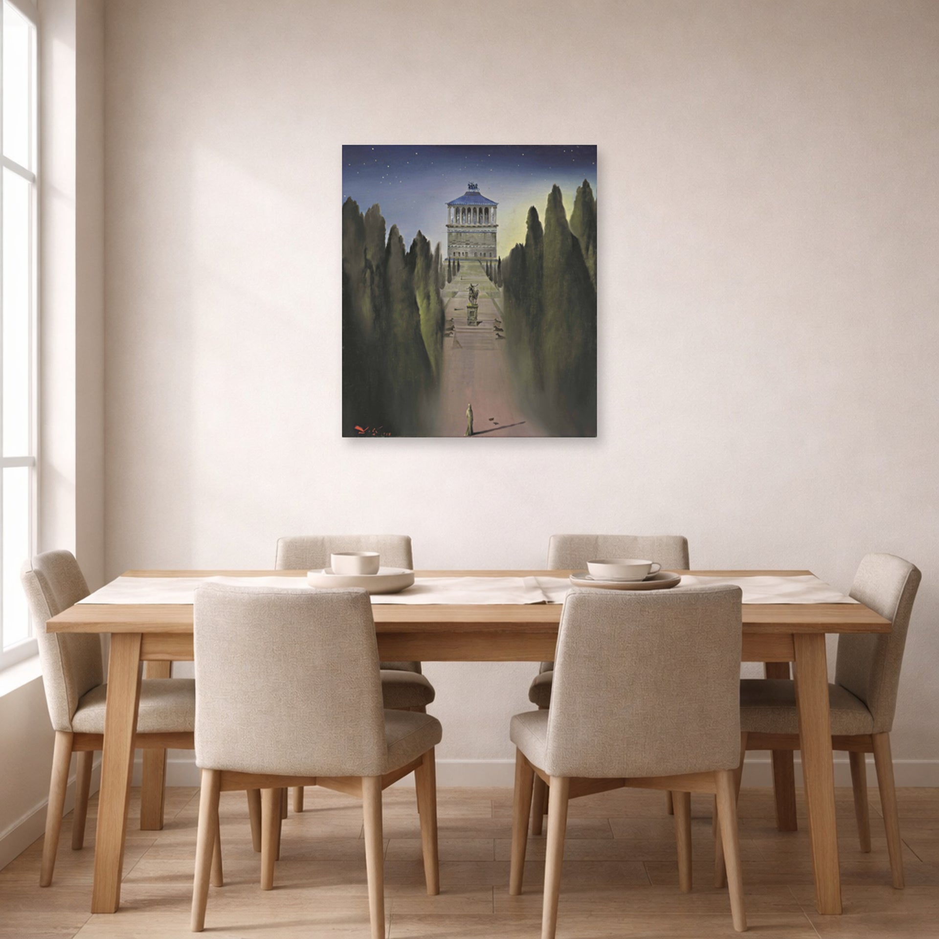 Unframed poster print of Salvador Dali's Le Mausolee D'Halicarnasse displayed on a wall in a dining room