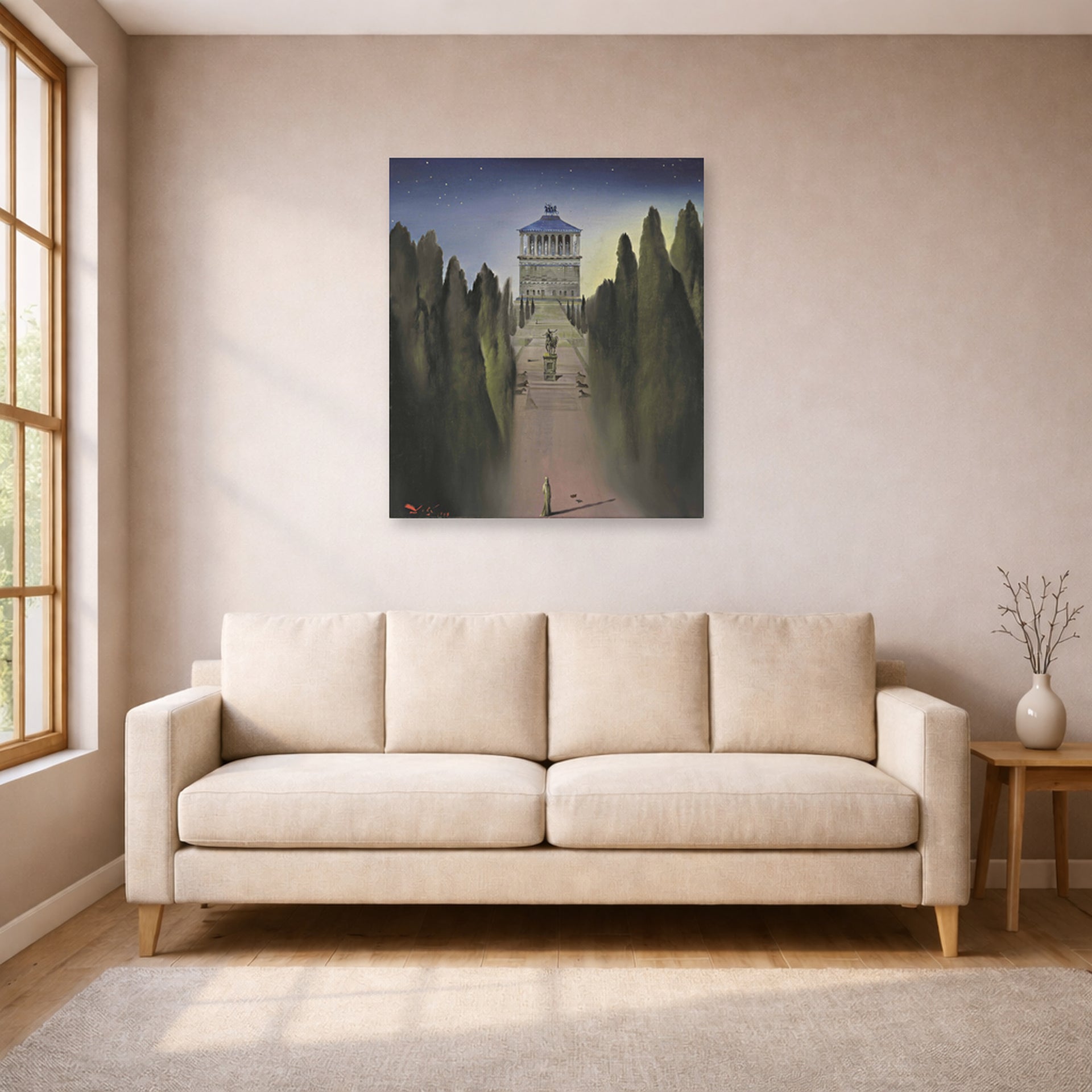 Unframed poster print of Salvador Dali's Le Mausolee D'Halicarnasse displayed on a wall in a living room