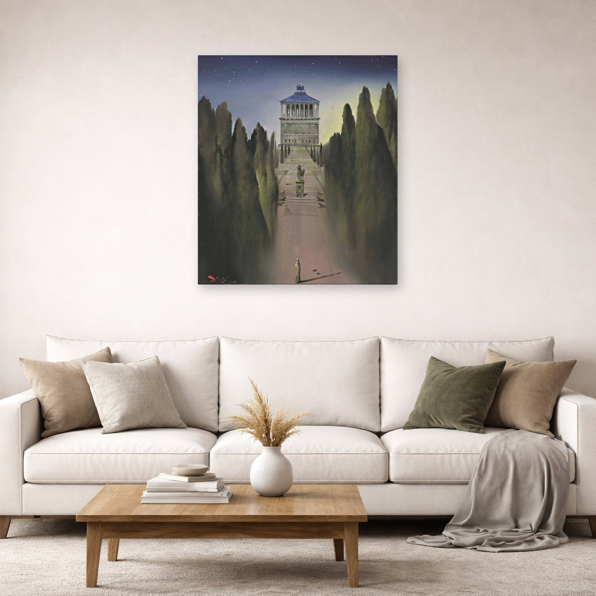 Unframed poster print of Salvador Dali's Le Mausolee D'Halicarnasse displayed on a wall in a living room