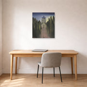 Unframed poster print of Salvador Dali's Le Mausolee D'Halicarnasse displayed on a wall in a office