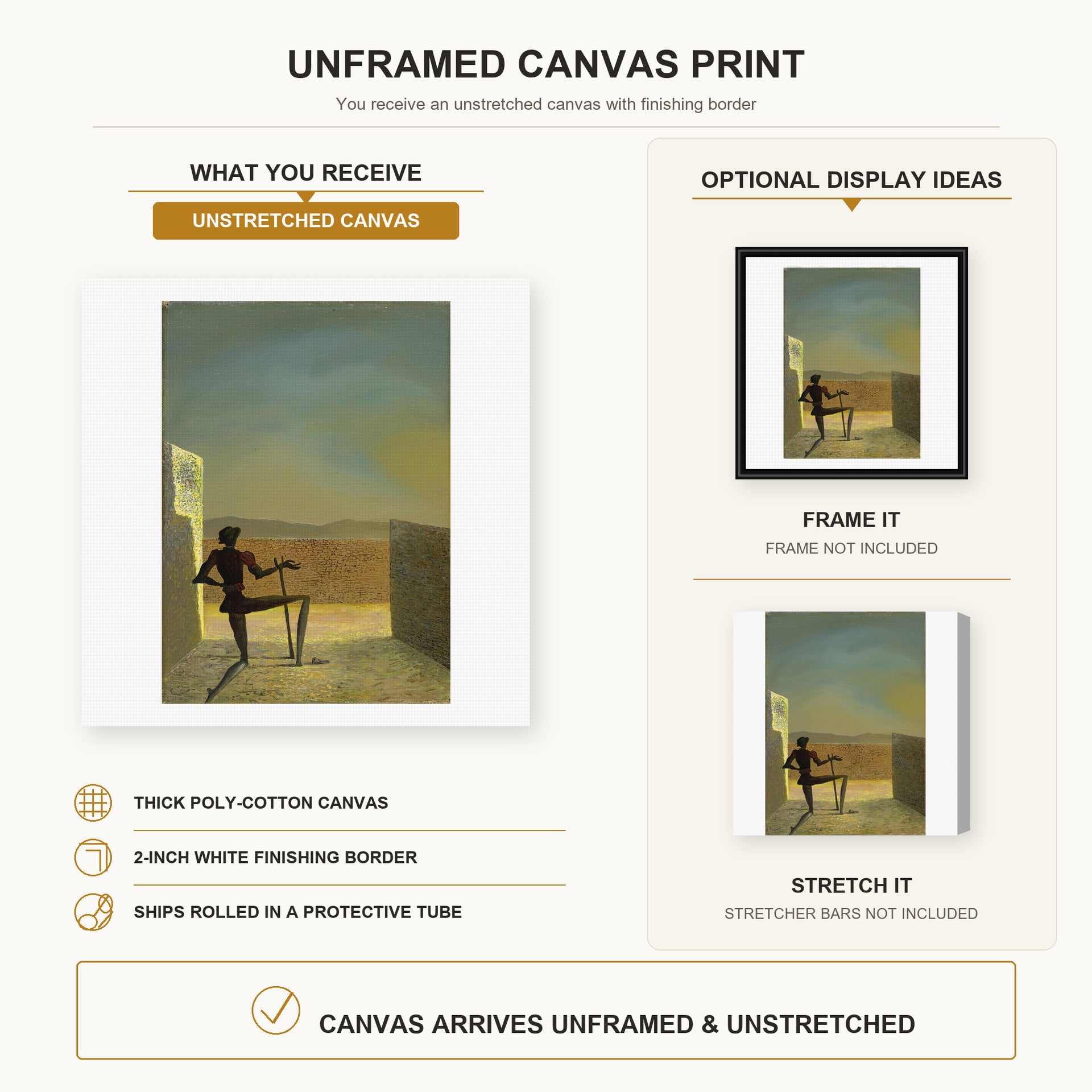 Salvador Dali - Le Spectre De Vermeer De Delft canvas print size comparison and framing display infographic