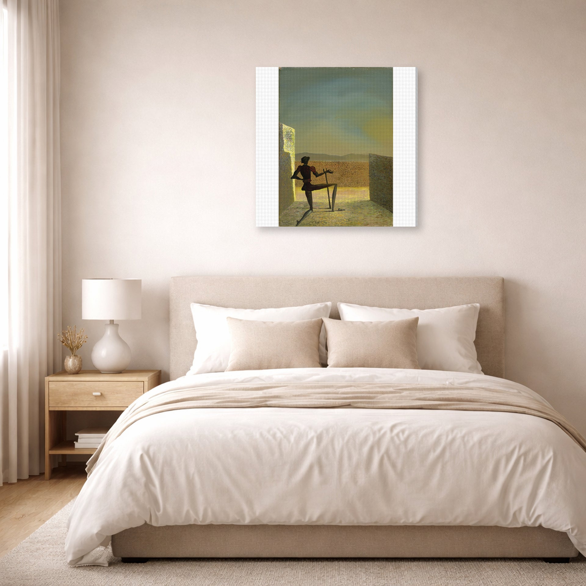 Gallery-wrapped canvas print of Salvador Dali's Le Spectre De Vermeer De Delft displayed on a wall in a bedroom