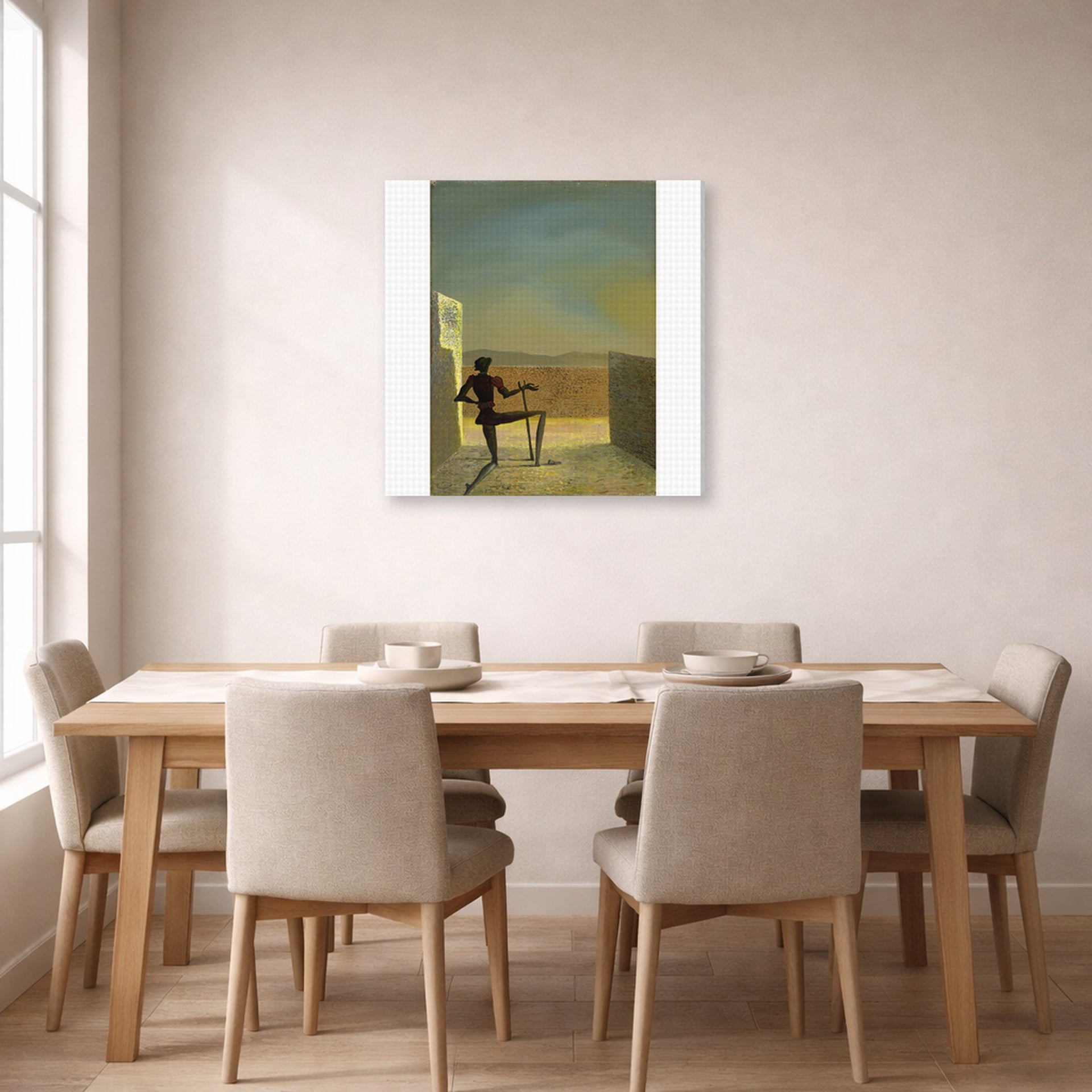 Gallery-wrapped canvas print of Salvador Dali's Le Spectre De Vermeer De Delft displayed on a wall in a dining room