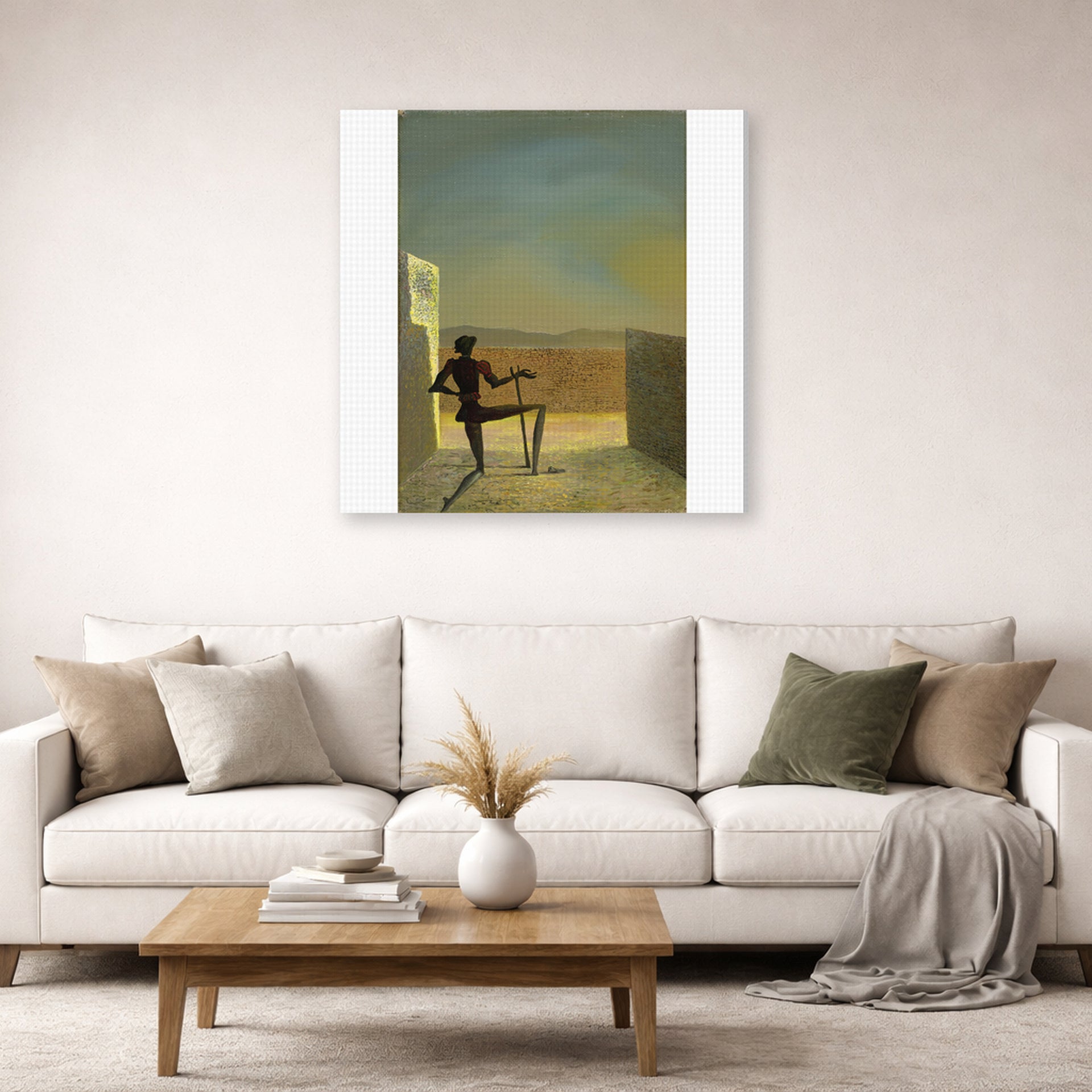 Gallery-wrapped canvas print of Salvador Dali's Le Spectre De Vermeer De Delft displayed on a wall in a living room