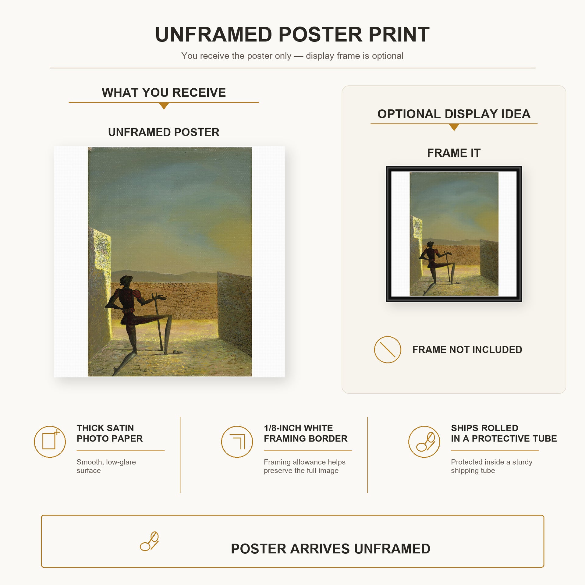 Salvador Dali - Le Spectre De Vermeer De Delft poster print size comparison and framing display infographic