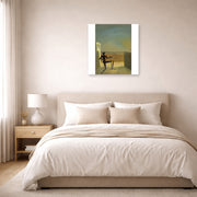Unframed poster print of Salvador Dali's Le Spectre De Vermeer De Delft displayed on a wall in a bedroom