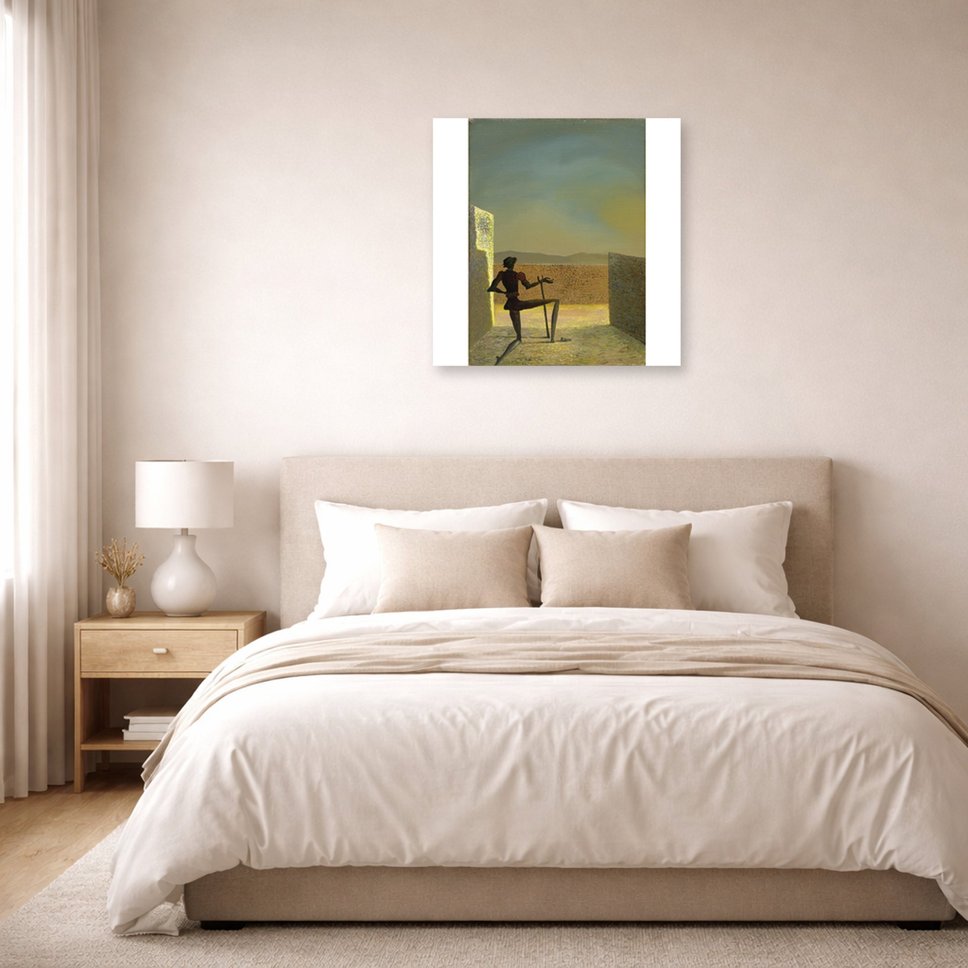 Unframed poster print of Salvador Dali's Le Spectre De Vermeer De Delft displayed on a wall in a bedroom