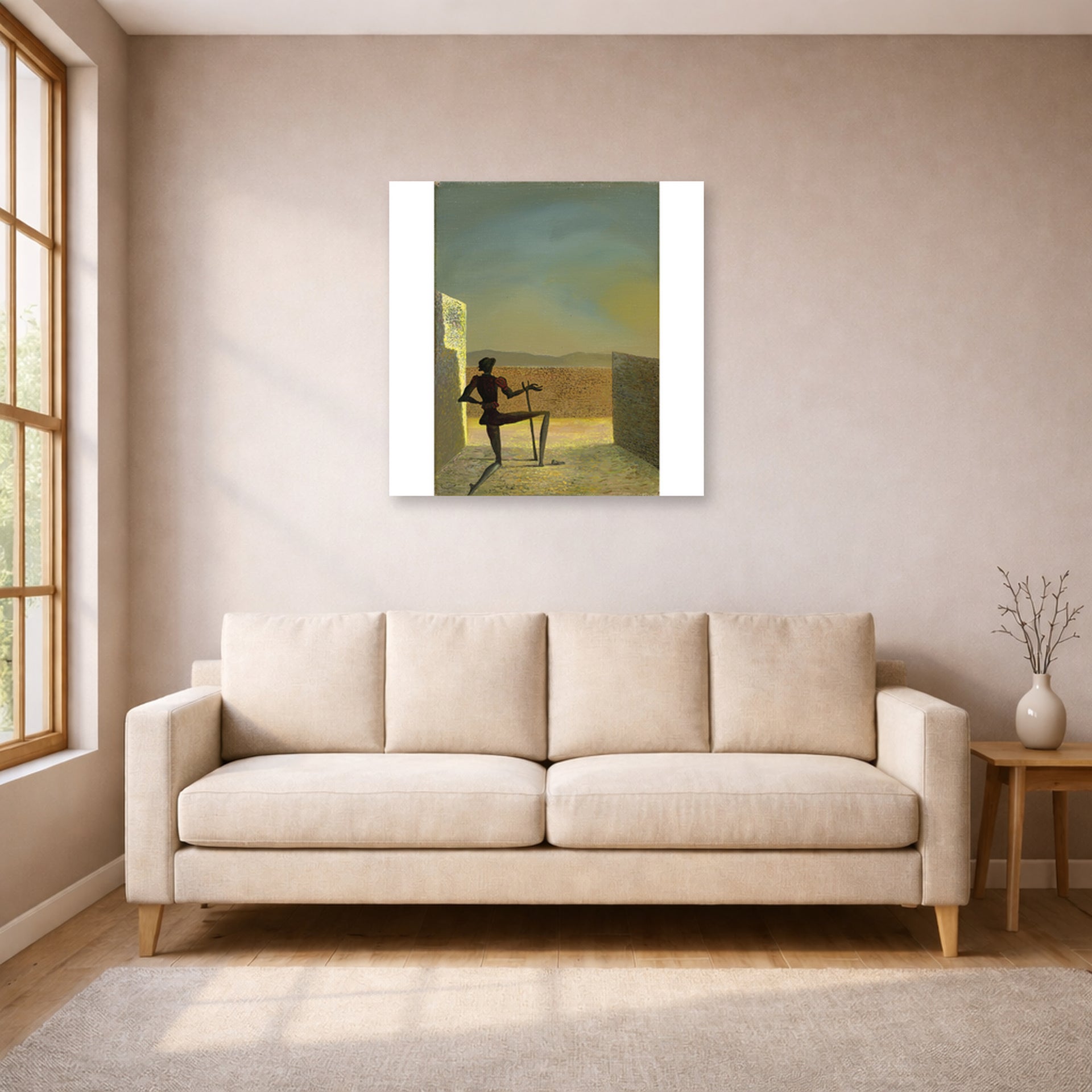 Unframed poster print of Salvador Dali's Le Spectre De Vermeer De Delft displayed on a wall in a living room