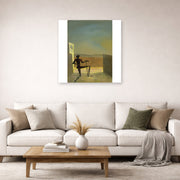 Unframed poster print of Salvador Dali's Le Spectre De Vermeer De Delft displayed on a wall in a living room