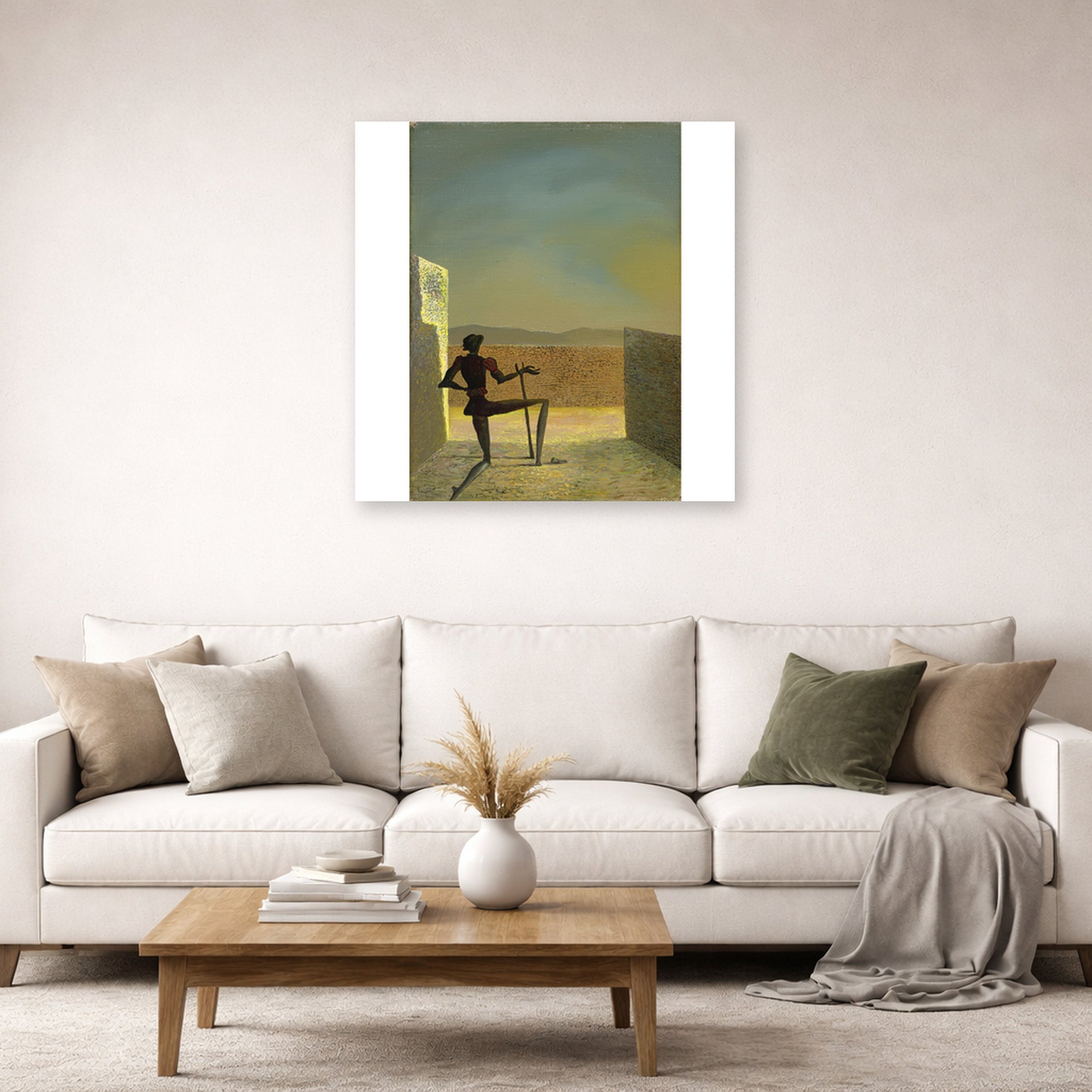Unframed poster print of Salvador Dali's Le Spectre De Vermeer De Delft displayed on a wall in a living room