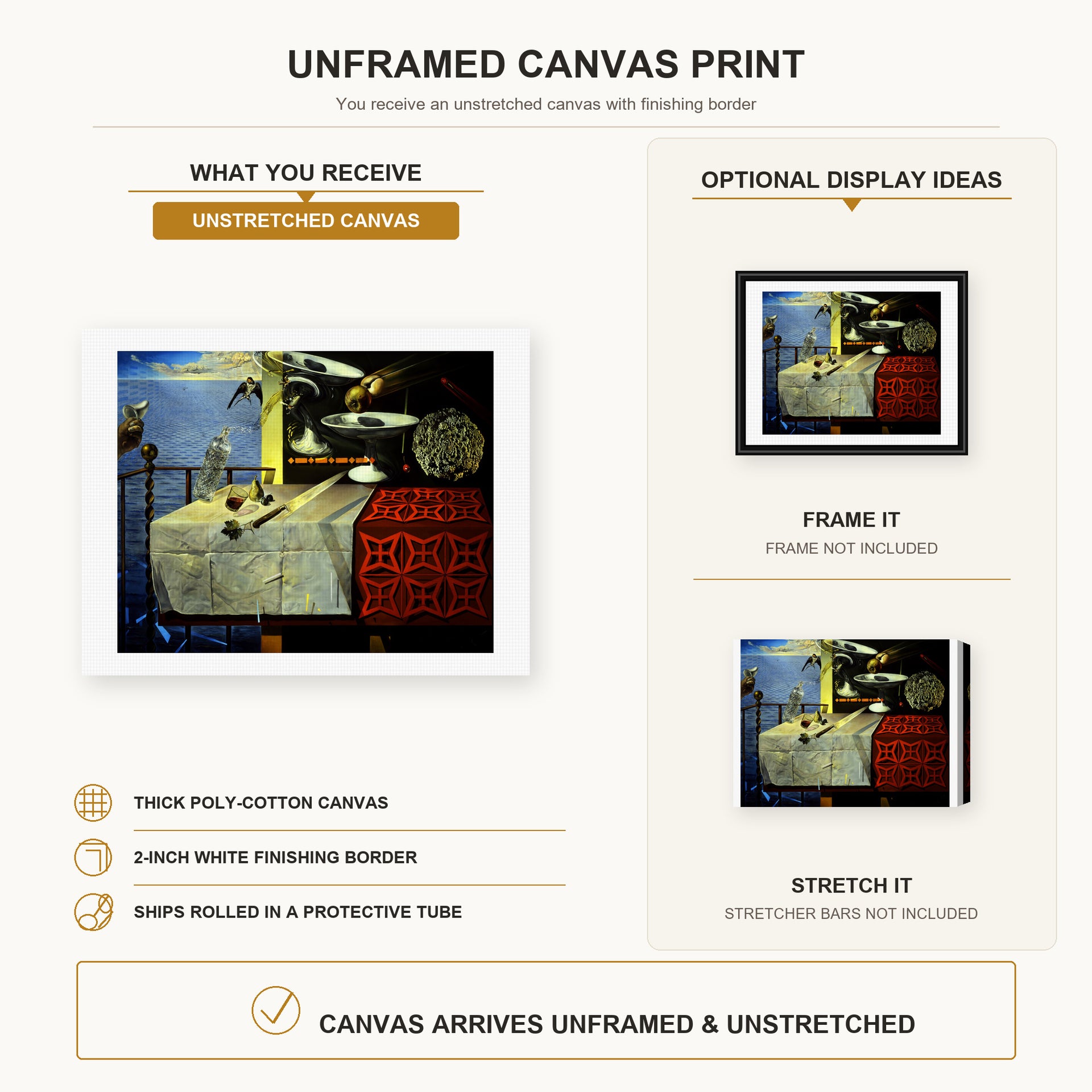 Salvador Dali - Living Still Life canvas print size comparison and framing display infographic