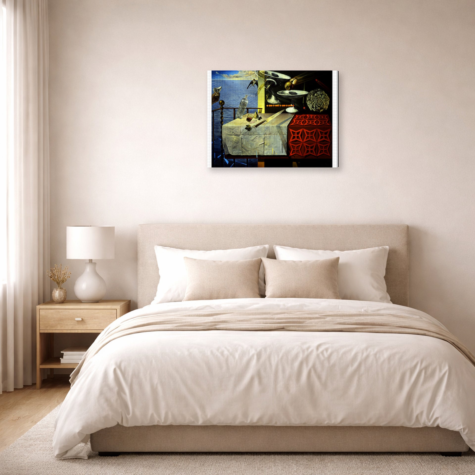 Gallery-wrapped canvas print of Salvador Dali's Living Still Life displayed on a wall in a bedroom