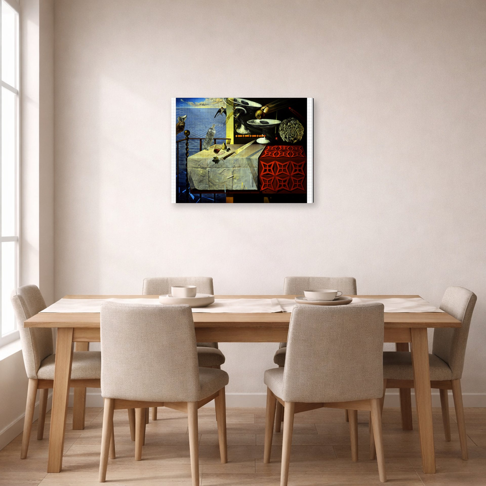 Gallery-wrapped canvas print of Salvador Dali's Living Still Life displayed on a wall in a dining room
