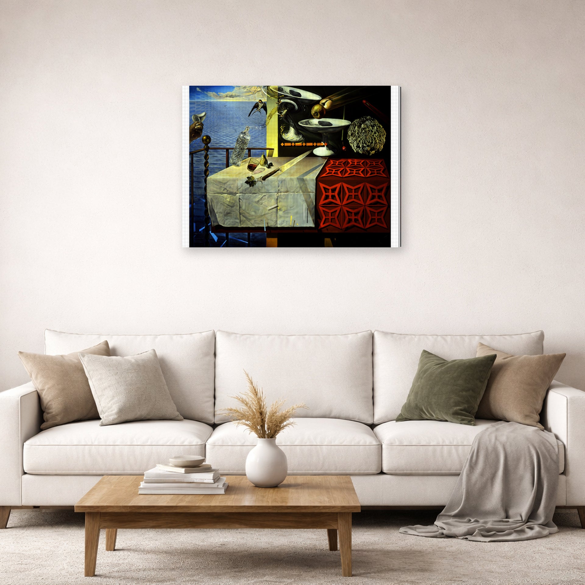 Gallery-wrapped canvas print of Salvador Dali's Living Still Life displayed on a wall in a living room