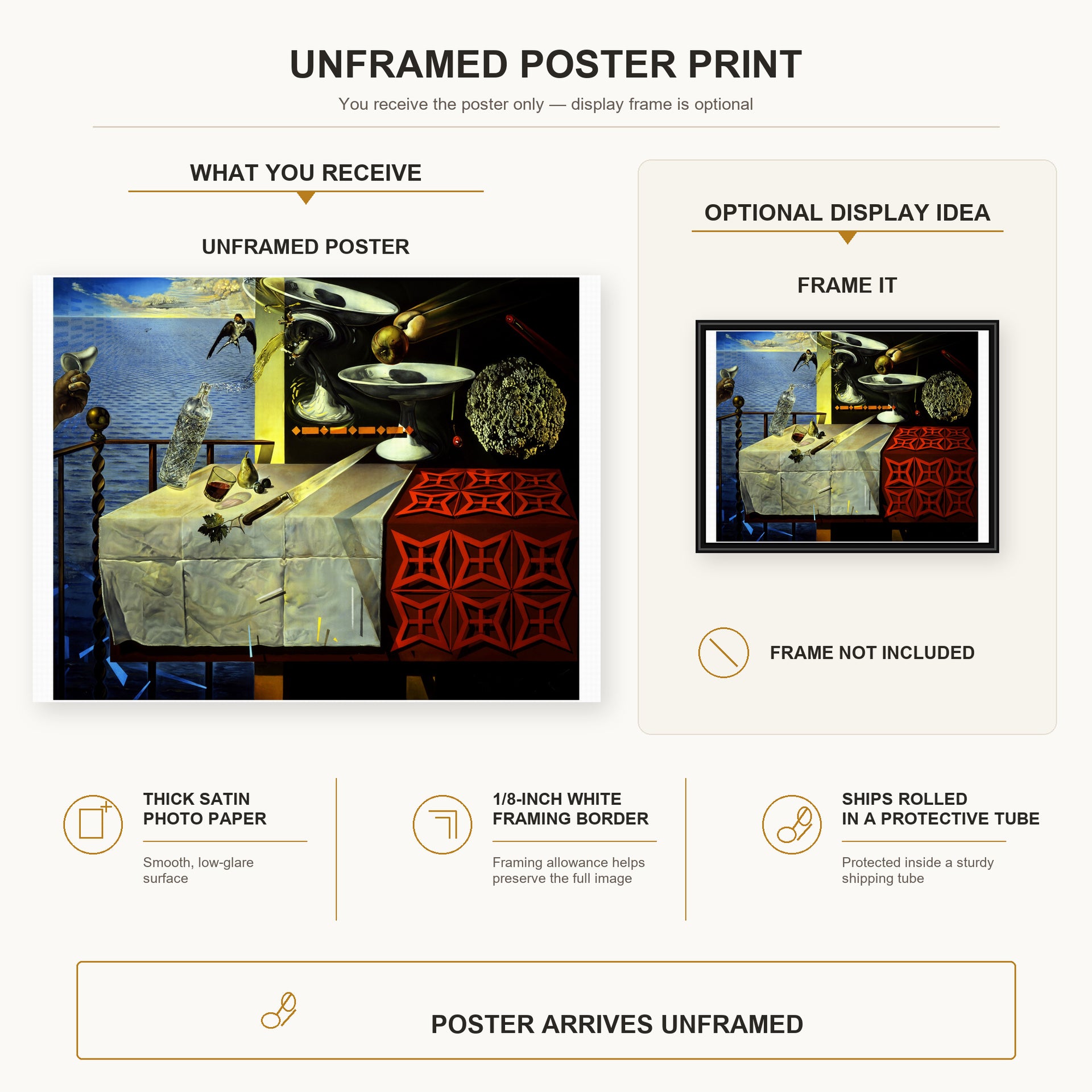 Salvador Dali - Living Still Life poster print size comparison and framing display infographic