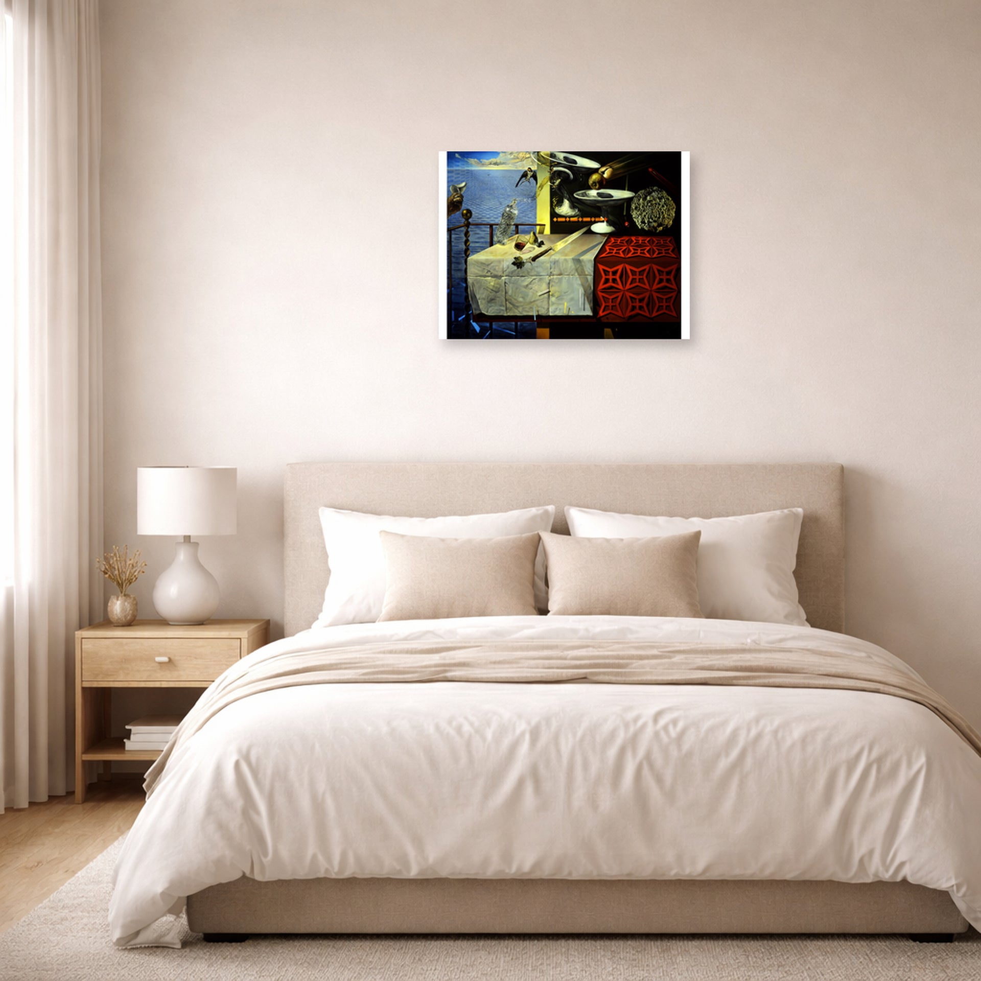 Unframed poster print of Salvador Dali's Living Still Life displayed on a wall in a bedroom
