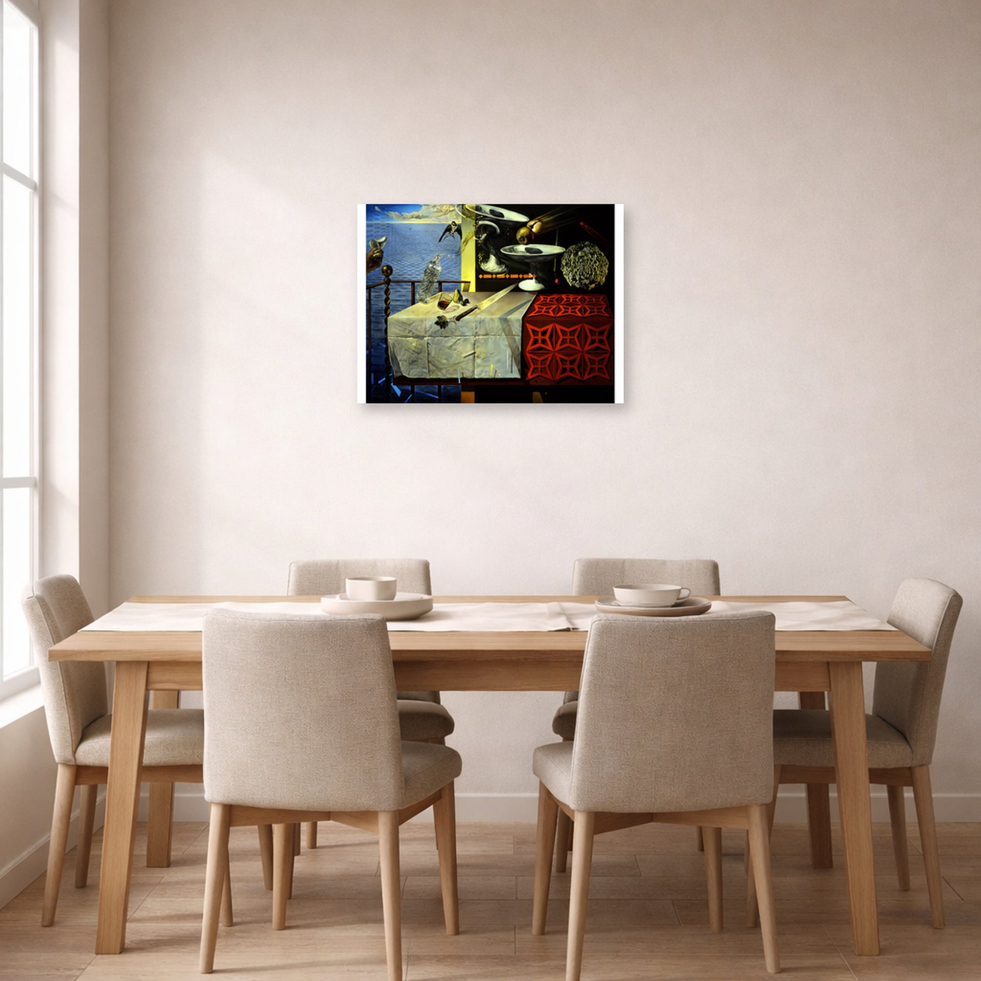 Unframed poster print of Salvador Dali's Living Still Life displayed on a wall in a dining room