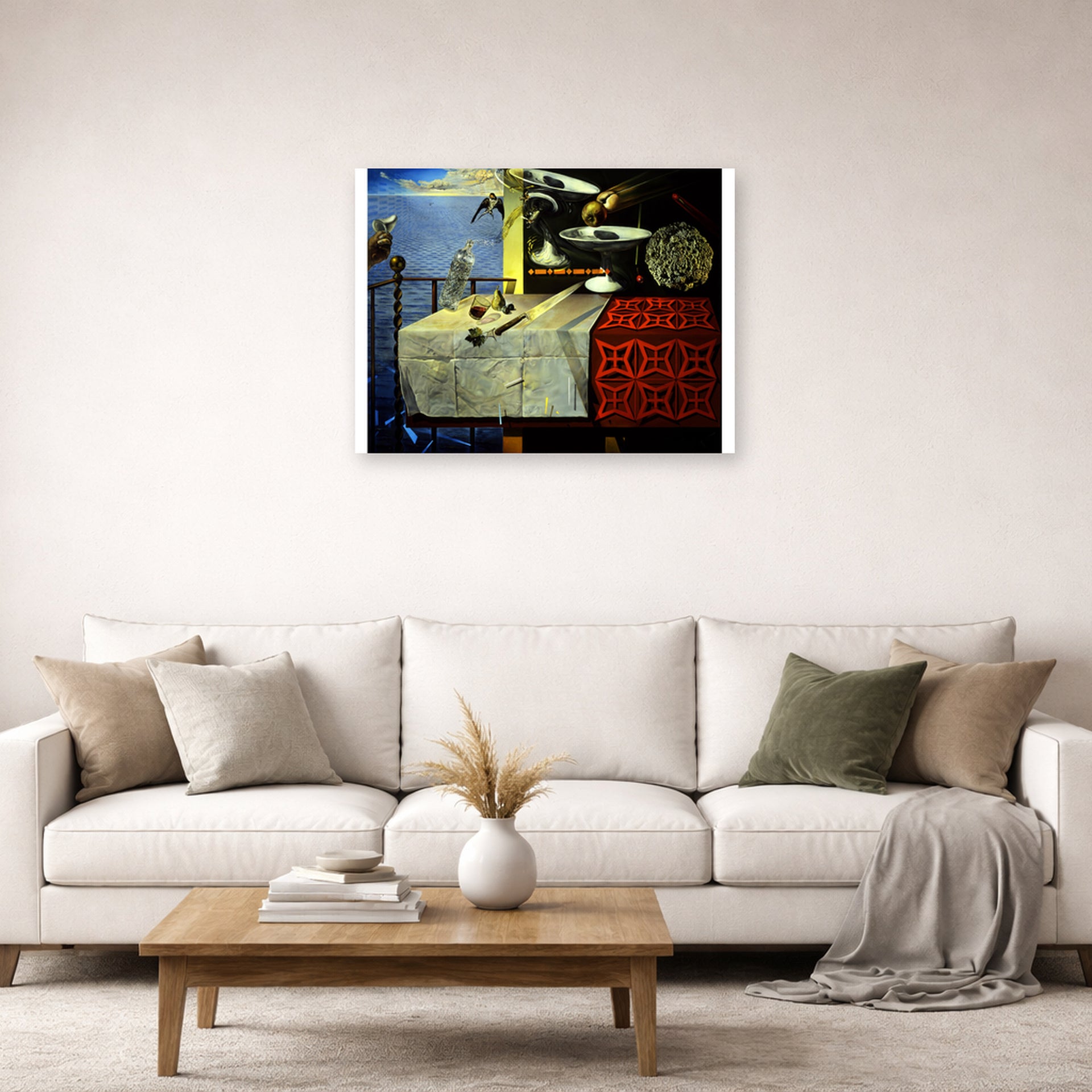 Unframed poster print of Salvador Dali's Living Still Life displayed on a wall in a living room