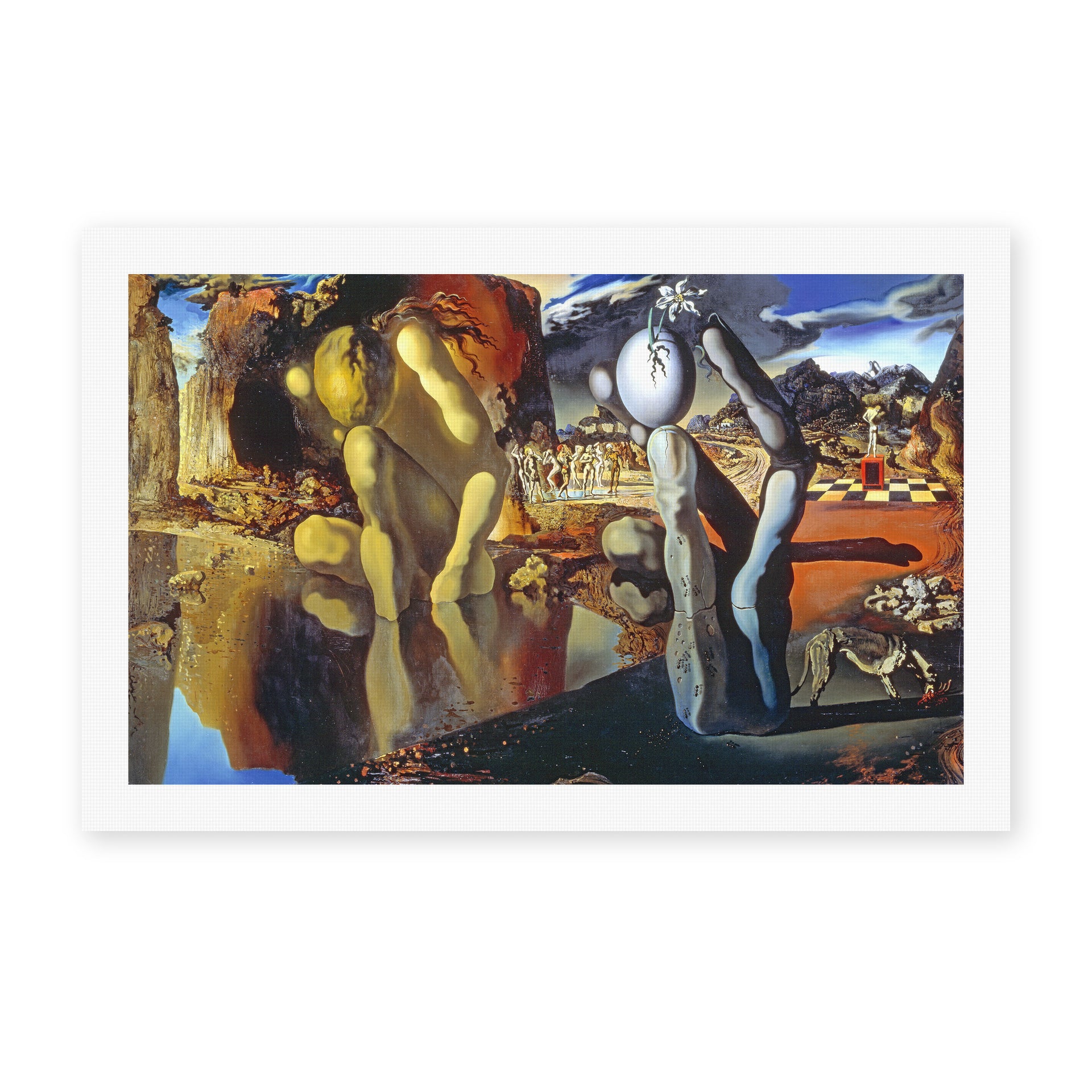 Salvador Dali's 'Metamorphosis of Narcissus' painting reproduced as a rolled canvas print