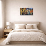 Gallery-wrapped canvas print of Salvador Dali's Metamorphosis of Narcissus displayed on a wall in a bedroom