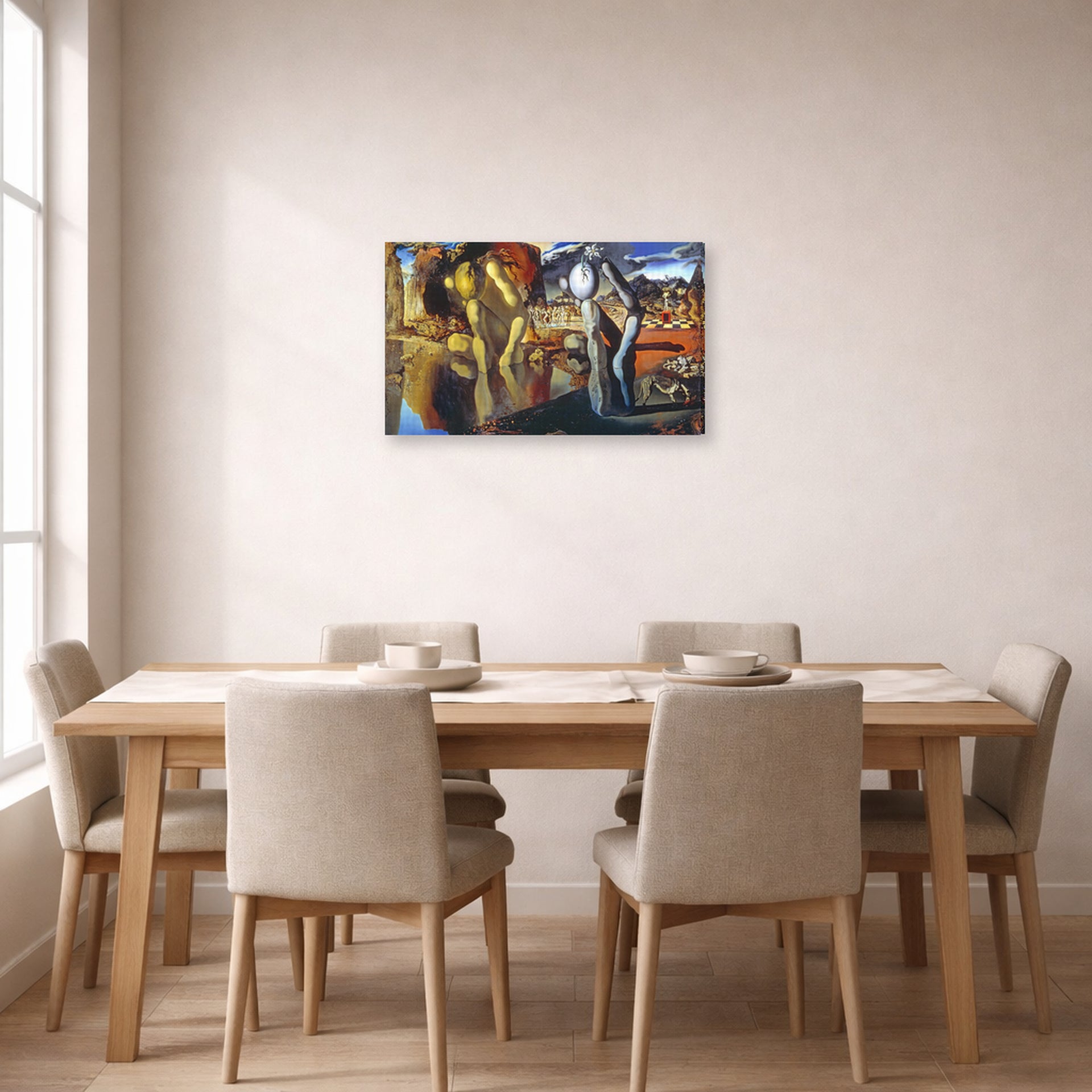 Gallery-wrapped canvas print of Salvador Dali's Metamorphosis of Narcissus displayed on a wall in a dining room