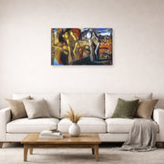 Gallery-wrapped canvas print of Salvador Dali's Metamorphosis of Narcissus displayed on a wall in a living room