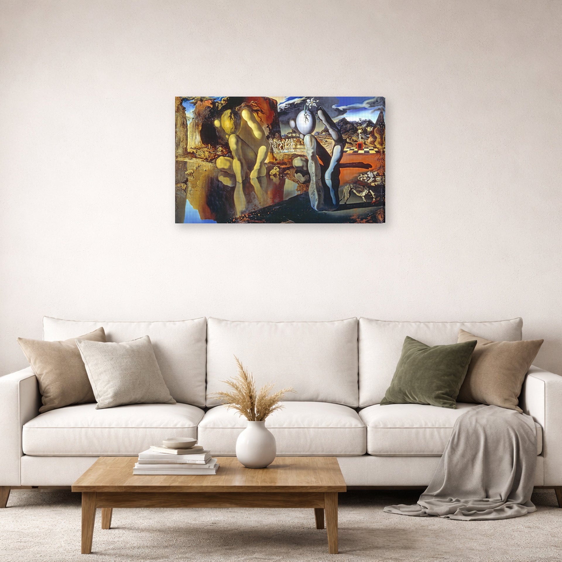 Gallery-wrapped canvas print of Salvador Dali's Metamorphosis of Narcissus displayed on a wall in a living room