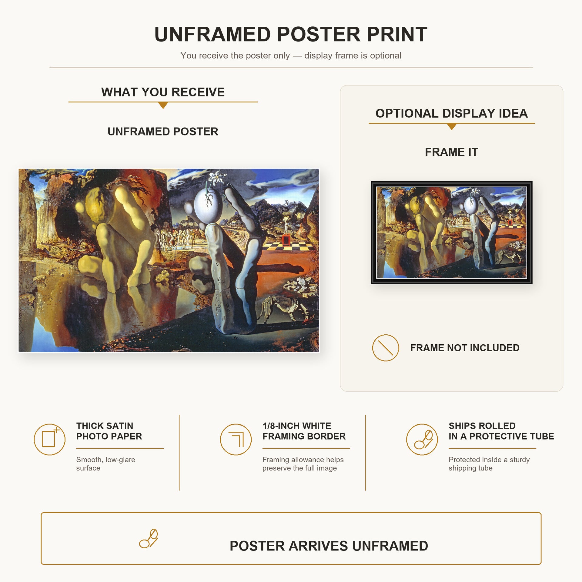 Salvador Dali - Metamorphosis of Narcissus poster print size comparison and framing display infographic