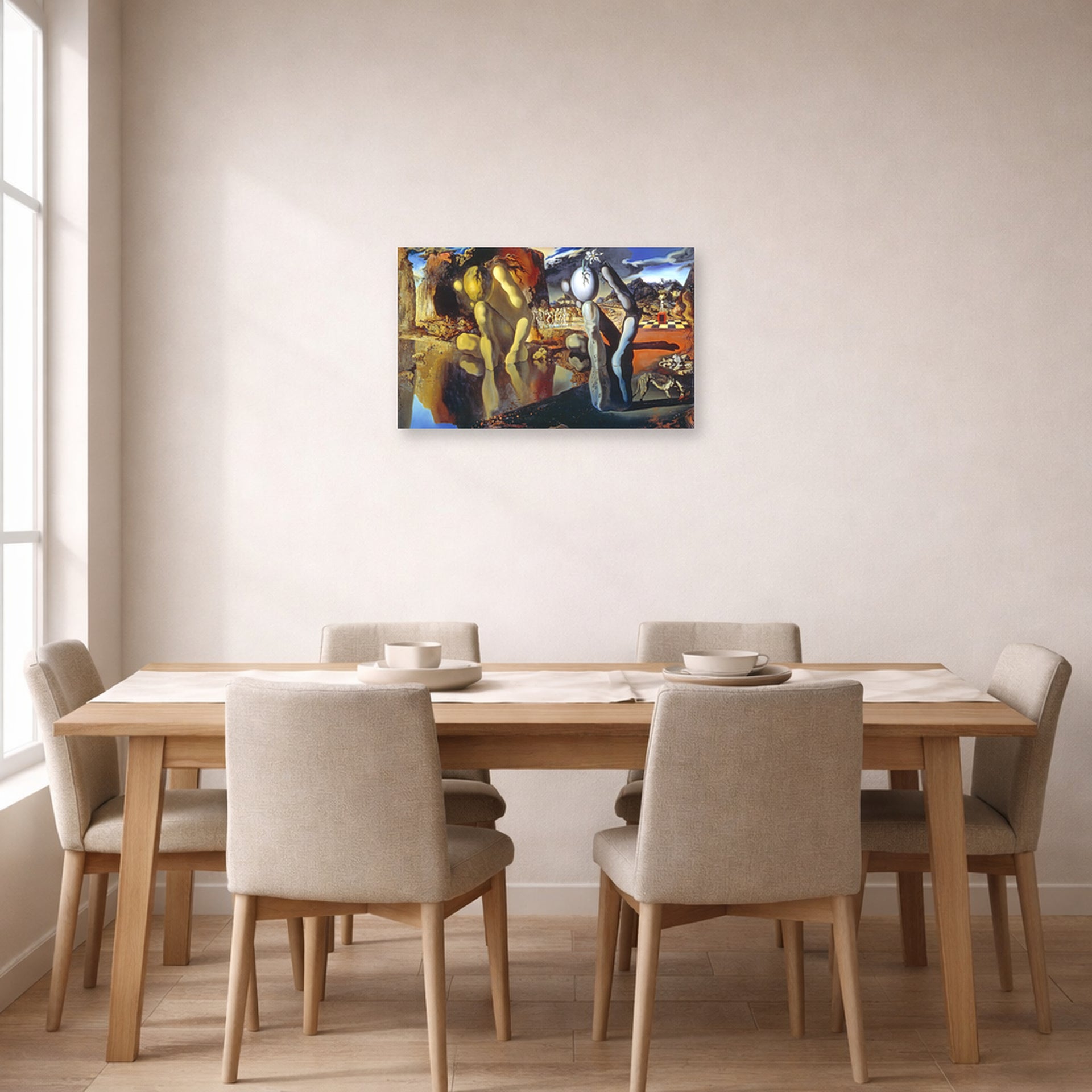 Unframed poster print of Salvador Dali's Metamorphosis of Narcissus displayed on a wall in a dining room